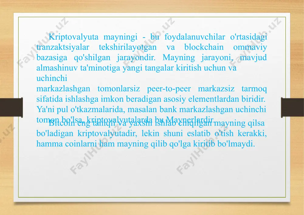 anmaydi, balki bulutli mayningga ham ruxsat beradi. ya'ni mijozlar shartnoma tuzib, bu yerda mayning olib borishadi. suratda honkongdagi mayning fermalardan biri. unda yuzlab asic chiplari o‘rnatilgan raflarni ko‘rish mumkin. 3 xonali xonadon maydoniga to‘g‘ri keluvchi ferma moliyaviy markazdan 12 km uzoqlikdagi kvaychun tumanida joylashgan. suratda asic chiplaridan chiquvchi harorat sovutuvchi suyuqlikni qaynatmoqda. honkong fermasida suyuqlik vositasida sovutish yo‘lga qo‘yilgan. bu maydon va elektr muammosini hal etishga yordam beradi. sodda qilib aytganda: mayning bu transaktsiyalaro'rtasida turib blocklarni aniqlash va matematik xisoblarni bajargani uchun block mukofotlarini qo'lga kiritishdur. mayning fermalar ommalashib borayotgan bo'lsada, hozirgi kunda block xisoblari algoritmlarning qiyinlashgani tufayli mayning mukofotlari kamaygan. yuqorida aytilganide, fermangizni quvvati qancha ko'p bolsa, pul topish ham shunga yarasha boladi. image7.png image8.png image9.png image10.png image11.png image12.png image13.png image14.png image3.png image4.png