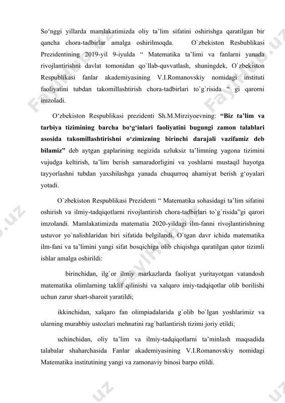 k jarayonlarni takomillashtirishni, uni hozirgi zamon oʻquvchi va talablariga mos rivojlantirishni, xususan oliy pedagogik ta’lim paradigmasini zamonaviy pedagogik va axborot texnologiyalarini oʻzlashtirishga, pedagogika oliy ta’lim muassasalarida kasbiy tayyorgarligi yuqori boʻlgan pedagog kadrlarni tayyorlashga yoʻnaltirishni taqozo etadi. ta’limni isloh qilish, yangi mazmundagi va zamon talabiga javob beradigan oʻquv adabiyotlar, qoʻllanmalarni yaratish va ilgʻor pedagogik texnologiyalarni joriy etishni taqozo etadi. ta’lim tizimidagi kamchiliklar, shu jumladan, matematika fanida ham oʻqitish uslubiyotini chetlab oʻtmaydi. har bitta fanga alohida e’tibor berish, har bir mavzuni o`qitishda ma’suliyatli bo`lish o`qituvchining eng oliy maqsadi hisoblanadi. bizga ma’lumki matematika fani juda qiziqarli va shu bilan birga murakkab fan bo`lib ham hisoblanadi. ma’lumki bu mavzuda asosan funksiya grafiklarini tekshirish, lokal ekstremum nuqtalarini toppish, funksiyalar qavariqligi, bukilish nuqtalari va shunga masalalar qaraladi. ushbu fikrlar tanlangan mavzuning qanchalik dolzarb ekanligini ko’rsatadi. kurs ishining obyekti. oliy ta’limda matematikani oʻqitish jarayoni. kurs ishining predmeti. oliy ta’limda funksiyalarni, ularning grafiklarini, hosilalarini, qavariqligini va shu kabi …