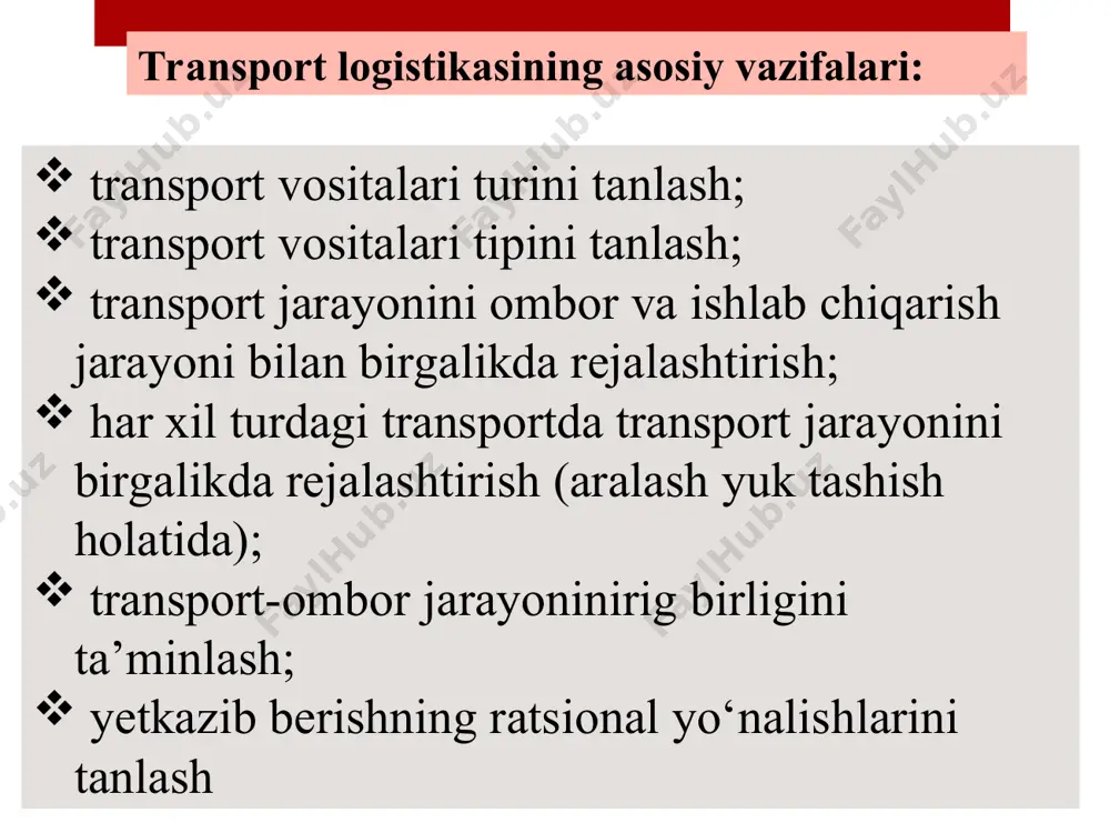 arining yo‘lga qo‘yilganligi; - yuklarni oxirgi qabul qilish punktigacha yetkazib borish; - yuklarni “eshikdan-eshikkacha” yetkazishni tashkil etish; - tashishning maqbul narxi; - bojxona to‘lovlarini to‘lash imkoniyati; - tariflar, tashish shartlari va yukning joylashishi haqida yetarli maʼlumotlar olish; - kerakli transport taralarining yetarliligi; - qayta yuklash punktlarida yetarli jihozlarning mavjudligi; - oraliq ortish-tushirish punktlarining bo‘lmasligi. isteʼmolchilar tomonidan yuk tashish transport xizmatiga qo‘yiladigan asosiy talablar quyidagilardan iborat: ko‘rsatilayotgan xizmatlar sifatini baholashning eng muhim tarkibiy qismlari quyidagilar bo‘lishi mumkin: • atrof-muhit (interer, jihozlar, xodimlarning tashqi ko‘rinishi va boshqalar); • ishonchlilik (o‘z vaqtida bajarish); • javobgarlik (xizmatlarni ko‘rsatish kafolatlari, xodimlarning isteʼmolchiga yordam berishga intilishi); • tugallanganlik (maʼlum ko‘nikmalar, zarur bilimlar va xodimlarning malakasi mavjudligi); • qulaylik (aloqalarni o‘rnatish qulayligi); • xavfsizlik (xizmatlar isteʼmolchisi tomonidan risk va ishonchsizlikning bo‘lmasligi); • xushmuomalalik (xodimlarning xushmuomalaligi, to‘g‘riligi); • komunikabellik (xodimlarning xizmatlar isteʼmolchisi bilan tushunarli tilda muloqot qilish qobiliyati); • o‘zaro tushunish (xizmatlar isteʼmolchisiga samimiy qiziqish, uning o‘rnida o‘zini …