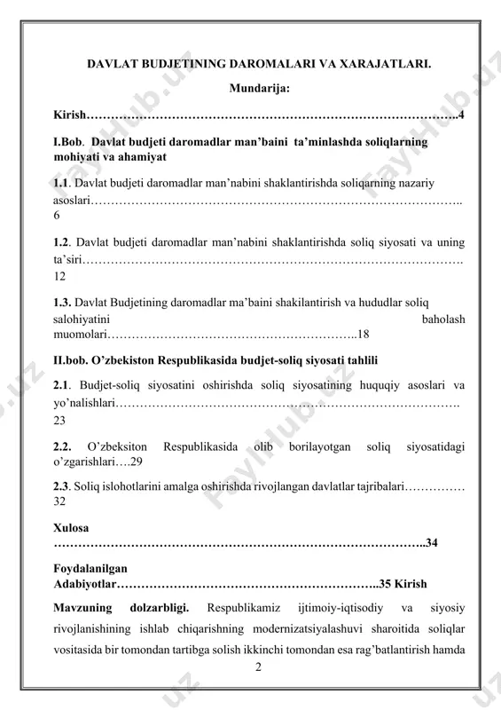 sodiy islohotlar natijasida prezidentimiz islom abdug‘anievich karimovning mamlakatimizni 2015-yilda ijtimoiy-iqtisodiy rivojlantirish yakunlari va 2016-yilga mo‘ljallangan iqtisodiy dasturning eng muhim ustuvor yo‘nalishlariga bag‘ishlangan vazirlar mahkamasining majlisidagi ma’ruzasida “jahon moliyaviy-iqtisodiy inqirozi hamon davom etayotganiga qaramasdan, hisobot yilida yalpi ichki mahsulot 8 foiz, sanoat mahsulotlari ishlab chiqarish hajmi 8 foiz, qishloq xo‘jaligi mahsulotlari qariyb 7 foiz, qurilish-montaj ishlari hajmi salkam 18 foizga oshdi. kurs ishining maqasad va vazifalari. ishning maqsadi iqtisodiy islohatlar sharoitida davlat soliq siyosatining barqarorligini ta’minlash va davlat byudjeti daromadlarini shakllantirishning amaldagi holatini nazariy jihatdan o’rganish, mavjud muammolarni aniqlash va respublikamizda iqtisodiy islohatlar va tarkibiy o’zgarishlarni amalga oshirilishida mamlakatimizda mavjud an’analarni 6 hisobga olgan holda uni takomillashtirish bo’yicha aniq taklif va mulohazalar berishdan iboratdir. yuqoridagi maqsadlarga asoslangan holda bitiruv malakaviy ish oldiga quyidagi vazifalar qo’yildi. · davlat byudjeti daromadlar man’baini shakllantirishda soliqlarning iqtisodiy mohiyati, mazmuni va ob’ektiv zarurligini asosli ravishda o’rganish; · davlat byudjeti daromadlar man’baini shakllantirishda soliq siyosatining roli va …