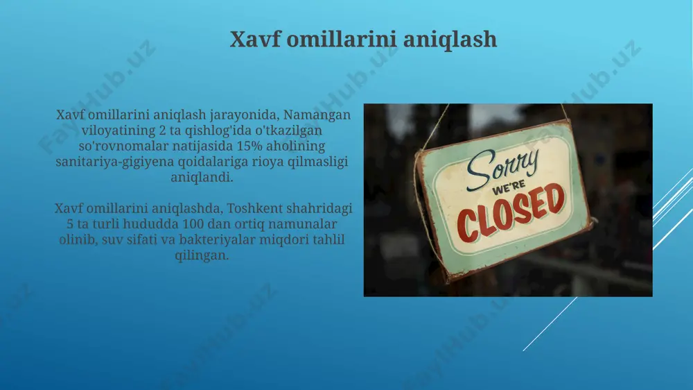 ar surishtiruvlar davomida to'plangan ma'lumotlarning sir saqlash tartib-qoidalari, 5-moddada, shaxslarning shaxsiy ma'lumotlari himoyasi va 20-moddadagi jarima miqdorlarini belgilovchi qoidalar bilan tartibga solinadi, hududiy sanitariya-epidemiologiya markazlari bu qoidalarga rioya qilishi shart. o'zbekiston respublikasining 1997-yil 26-dekabrdagi “sanitariya-epidemiologik osoyishtalik to'g'risida”gi 413-sonli qonuni sanitariya-epidemiologik razvedka faoliyatining huquqiy asoslarini belgilaydi, jumladan, toshkent shahri kabi yirik shaharlarda ham qo'llaniladi. profilaktika choralari профилактика хоналарида ҳар 250 м² майдонда 1 тадан санитария-гигиена талабларига жавоб берадиган ювиниш хонаси бўлиши керак, бу тошкент шаҳридаги кўпгина корхоналарда амалда қўлланиладиган стандартдир. фарғона вилоятидаги мактаблардаги профилактика хоналарининг 70% ида сув таъминоти ва канализация тизими етарли даражада эмаслиги аниқланди, бу касаллик тарқалиши хавфини оширади. kasallik tarqalish yo'llarini o'rganish toshkent shahridagi 5 ta turli maktabda o'tkazilgan epidemiologik tekshiruv, o'quvchilar orasida yuqumli kasalliklarning 15% gacha tarqalishini ko'rsatdi, bu esa gigiena qoidalarining buzilishi bilan bog'liq. andijon viloyati shifoxonalarida 2022-yilda ro'yxatga olingan 100 ta oziq-ovqat zaharlanishi holatining tahlili, 80% hollarda taom tayyorlash texnologiyalari buzilganini ko'rsatdi, bu esa kasallik …