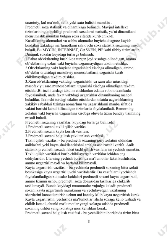 tistik va dinamikaga bulinadi. mavjud intellekt tizimlarining kupchiligi predmetli soxalarni statistik, ya‘ni dinamikani mensimaslik mumkin bulgan soxa sifatida kurib chikadi. kasallikning alomatlari va ushbu alomatlar buyicha diagnoz kuyish koidalari xakidagi ma‘lumotlarni saklovchi soxa statistik soxaning misoli buladi. bu mycin, internist, gasnen, pip kabi tibbiy tizimlardir. dinamik soxalar kuyidagi turlarga bulinadi: 1.fakat ob‘ektlarning bushlikda turgan joyi xisobga olinadigan, ammo ob‘ektlarning uzlari vakt buyicha uzgarmaydigan takdim etishlar. 2.ob‘ektlarning vakt buyicha uzgarishlari xisobga olinadigan, ammo ob‘ektlar urtasidagi masofaviy munosabatlarni uzgarishi kurib chikilmaydigan takdim etishlar. 3.xam ob‘ektlarning vaktdagi uzgarishishi va xam ular urtasidagi masofaviy uzaro munosabatlarni uzgarishi xisobga olinadigan takdim etishlar.birinchi turdagi takdim etishlardan odatda robototexnikada foydalaniladi, unda fakat vaktdagi uzgarishlar dinamikaning manbai buladilar. ikkinchi turdagi takdim etishlardan odatda uzgarishlarning xakikiy sabablari tizimga noma‘lum va uzgarishlarni manba sifatida vaktni borishi kabul kilinadigan tizimlarda foydalaniladi. bemorning xolatini vakt buyicha uzgarishini xisobga oluvchi tizim bunday tizimning misoli buladi. predmetli soxaning vazifalari kuyidagi turlarga bulinadi: 1.predmetli soxani …