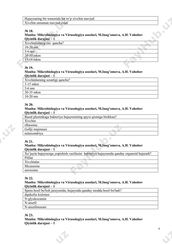 eriyalarning o'sishi uchun zarur fermentlarni aktivlashtiruvchi qaysi moddalar zarur? l-alanin, glyukoza, mn+ d-fenilalanin, ca+2 fruktoza, k+ saxaroza, mg № 27. manba: mikrobiologiya va virusologiya asoslari, m.inog’omova, a.h. vahobov qiyinlik darajasi – 1 qaysi bakeriya tsistalar hosil qiladi? azotobacter bacillus clostridium pseudomonas № 28. manba: mikrobiologiya va virusologiya asoslari, m.inog’omova, a.h. vahobov qiyinlik darajasi – 1 bakteriyalarda hujayra devorining qalinligi qancha? 10-80 nm 10-20 nm 5-10 nm 10-80 nm № 29. manba: mikrobiologiya va virusologiya asoslari, m.inog’omova, a.h. vahobov qiyinlik darajasi – 1 bakteriyalarda hujayra devori hujayra massasining qancha % ni tashkil etadi? 20% 80% 10% 40% № 30. manba: mikrobiologiya va virusologiya asoslari, m.inog’omova, a.h. vahobov qiyinlik darajasi – 1 peptidoglikan (murein) qanday moddaning birikishidan hosil bo’lgan? n-atsetil n-glyukozamin n-atsetilmuram n-atsetil va dipikolin kislotasi, pektin va n-atsetilmuram, dipikolin kislotasi va n-atsetil № 31. manba: mikrobiologiya va virusologiya asoslari, m.inog’omova, a.h. vahobov qiyinlik darajasi – 2 grammusbat bakteriyalarda hujayra devorida qanday …