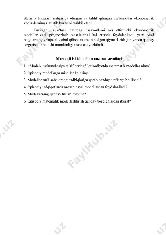 anishni; ob'ektning holati va rivojlanishini tushuntiruvchi (hech bo’maganda dastlabki) gipotezalarni shakllantirishni o'z ichiga oiadi. matematik modelni qurish. bu bosqich iqtisodiy muammoni formallashtirish, uni tayinli matematik bog'lanishlar va munosabatlar (funksiyalar. tenglamalar, tengsizliklar va h.k.) ko'rinishida ifodalash bosqichidir. odatda avval matematik modelning asosiy qurilmasi (turi) aniqlanadi, so'ngra bu qurilmaning tarkibiy qismlari (o'zgaruvchiiar va parametrlarning aniq ro'yxati, bog'lanishlar shakli) aniqlashtiriladi. modelni matematik tahlil qilish. bu bosqichning maqsadi modelning umumiy xossalarini aniqlashdan iborat. bu yerda tadqiqotning sof matematik usullari qo'llaniladi. modelning analitik tadqiqotida yechimning mavjudligi, yagonaligi, yechimga qaysi o'zgaruvchilar (noma'lumlar) kirishi mumkinligi, ular orasidagi munosabatlar, bu o'zgaruvchilar qaysi doirada va qanday dastlabki shartlarga bog’iq ravishda o'zgarishi, ularning o'zgarish yo'nalishlari va shu kabi masalalar oydinlashtiriladi. modelning analitik tadqiqoti empirik (sonli) tadqiqotiga nisbatlari shunisi bilan afzalki, bunda olinayotgan xulosalar modelni tashqi va ichki parametrlarining har xil tayinli qiymatlarida o’z kuchini saqlaydi. sonli yechish. bu bosqich masalani sonli yechish uchun algoritrnlarni ishlab chiqish, ehmlarda dasturlar tuzish va …