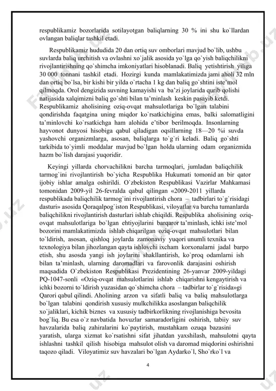 tadbirlar to`g`risida»gi qarori qabul qilindi. aholining arzon va sifatli baliq va baliq mahsulotlarga bo`lgan talabini qondirish xususiy mulkchilikka asoslangan baliqchilik xo`jaliklari, kichik biznes va xususiy tadbirkorlikning rivojlanishiga bevosita bog`liq. bu esa o`z navbatida hovuzlar samaradorligini oshirish, tabiiy suv havzalarida baliq zahiralarini ko`paytirish, mustahkam ozuqa bazasini yaratish, ularga xizmat ko`rsatishni sifat jihatdan yaxshilash, mahsulotni qayta ishlashni tashkil qilish hisobiga mahsulot olish va daromad miqdorini oshirishni taqozo qiladi. viloyatimiz suv havzalari bo`lgan aydarko`l, sho`rko`l va to`dako`l suv ombori hamda zarafshon daryosining bugungi kundagi gidro-ekologik holatini o`rganish dolzarb masala hisoblanadi. chunki baliqchilik sohasini rivojlantirish maqsadida davlatimiz tomonidan chiqarilgan qarorlar asosan aholini baliq mahsulotlariga bo`lgan talab – ehtiyojini uzluksiz ta’minlashga qaratilgan, bu qarorlarning bajarilishi esa suv havzalarining gidrobiologik va ekologik holatini o`rganish bilan bog`liq. 2017-yil 1-may kuni o`zbekiston respublikasi prezidentining “baliqchilik tarmog`ini boshqarish tizimini takomillashtirish chora – tadbirlari to`g`risida”gi qarori e`lon qilindi. hujjatda ta’kidlanishicha baliqchilik tarmog`ini takomillashtirish, baliqchilik va baliq ovlash tashkilotlari faoliyati samaradorligini …