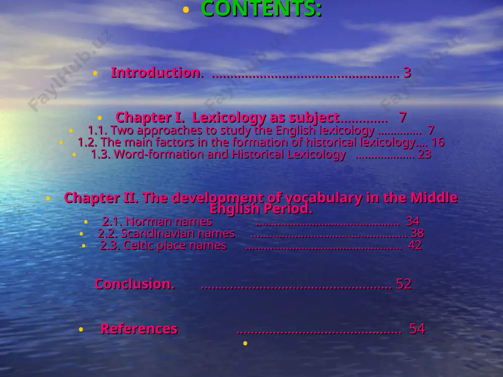 linguistic course dealing with the vocabulary of the language. in its turn this subject has 5 main types: 1. general; 2. special; 3. descriptive; 4. historical; 5. comparative. among these 5 types of lexicology historical lexicology is always actual, as historical lexicology is a source for synchronic lexicology. the aim of the work is directed to study the historical lexicology of the english language. the overall aim of the graduate qualification work is dedicated to study the formation of english historical lexicology. the objects of the work: to give information about the historical lexicology; to discuss the development principles of historical lexicology; to discuss the influence of scandinavian and norman conquests to the development of vocabulary; the methods of the work include statistical methods, the method of component analyses and the historical-comparative method. the novelty of the work: the english lexicology is studied well-enough. in the given work we tried …