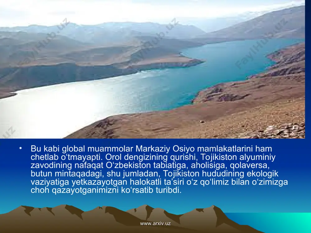 jarayoni tugamagan. shu sababli, kutilmaganda (xuddi 1911 yildagi kabi) kuchli zilzila bo‘lishi mumkin. tektonik qatlamlar yoriqlarga boy ekanini mutaxassislar yaxshi bilishadi. agar tabiiy ofat ro‘y bersa, uning dahshatli talafotini tasavvur qilish qiyin. katta hajmdagi (16 mlrd.kub.­metr) suv 500 metr baland­likdan 60-80 km/soat tezlik bilan bartang, so‘ng panj va amudaryo bo‘ylab past­ga qarab oqa boshlaydi. www.arxiv.uz www.arxiv.uz ko‘ldan termiz shahrigacha 936 kilometr masofa bo‘lib, to‘lqin bu yerga 35 soatda, 17 metr balandlikda yetib kelishi mumkin. nukus shahriga 124 soatda, orol dengiziga 149 soatda borishi aniqlangan. natijada janubiy tojikiston, shimoliy afg‘oniston, turk­manistonning katta qismi, surxon vohasining janubiy, buxoro viloyatining g‘arbiy qism­lari, xorazm viloyati, qoraqalpog‘iston respublikasining daryo bo‘ylari — jami 69 ming kv. km. maydon katta zarar ko‘rishi mumkin. www.arxiv.uz www.arxiv.uz — amudaryo o‘z davrida kaspiy dengiziga qarab oqqan, yana bir vaqtlar orol dengizining g‘arbiy qismlarigacha kishilarga hayot baxsh etgan, — deydi tarix fanlari doktori, professor sho­po‘lat shaydullayev. — bu esa ilgari ham …