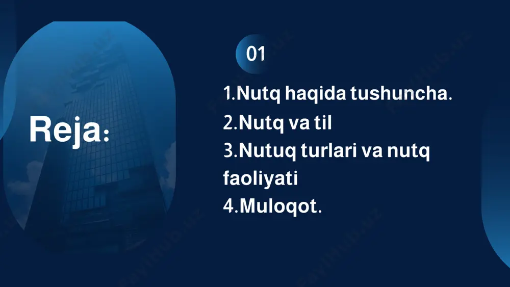 ≫ tillar borligini shu til aks ettirilgan yozma yodgorliklardan bilamiz. masalan, qadimgi grek (yunon), lotin tillari mana shunday ≪o‘lik≫ tillardir. 1.nutq aloqa shaklidir. nutqni har bir shaxs yaratadi 2.nutq-individual xarakterga ega bo`lib, har bir shaxsning nutqi uning tajribasi, bilimi va 3.til esa ijtimoiy hodisadir. til har bir kishida mustaqil ravishda mavjuddir. kishilar qaysidir tildan foydalanib o`zaro muloqotda bo`ladilar 02 1. ichki nutq nutq turlari 01 03 04 2. tashqi nutq. aktiv passiv nutq turlari ham mavjud. 1. ichki nutq o‘qituvchi ongida hosil bo‘ladigan, hali amalga oshmagan til ele­ment­laridan tashkil topgan, kishining og‘iz ochmasdan fikrlashi, mulo­haza yuritishi, o‘ylashi ichki nutqdir 2.tashqi nutq boshqa odamlar bilan aloqa qilishimizda foydalaniladigan nutqdir. bu nutq biron kishiga qaratilgan, biron nimani xabar qiladigan nutqdir. tashqi nutqning o‘zi ham og'zaki va yozma nutqqa boiinadi. nutq vositasi bilan bog'lanadigan aloqada hamisha ikki yoki bir necha kishi ishtirok etadi, bulardan bittasi biron narsani yo og'zaki, yoki yozma bayon qiluvchi …