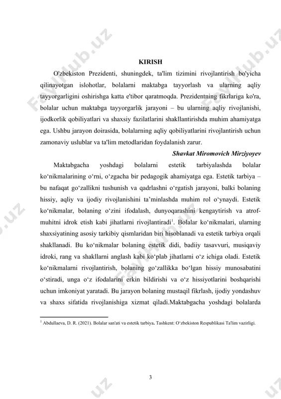 idrok etish kabi jihatlarni rivojlantiradi . bolalar ko‘nikmalari, ularning shaxsiyatining asosiy tarkibiy qismlaridan biri hisoblanadi va estetik tarbiya orqali shakllanadi. bu ko‘nikmalar bolaning estetik didi, badiiy tasavvuri, musiqaviy idroki, rang va shakllarni anglash kabi ko‘plab jihatlarni o‘z ichiga oladi. estetik ko‘nikmalarni rivojlantirish, bolaning go‘zallikka bo‘lgan hissiy munosabatini o‘stiradi, unga o‘z ifodalarini erkin bildirishi va o‘z hissiyotlarini boshqarishi uchun imkoniyat yaratadi. bu jarayon bolaning mustaqil fikrlash, ijodiy yondashuv va shaxs sifatida rivojlanishiga xizmat qiladi.maktabgacha yoshdagi bolalarda estetik ko‘nikmalarni rivojlantirish, ularning nafaqat san’atni anglash, balki o‘zaro muloqotda bo‘lish, boshqalar bilan hamkorlik qilish kabi ijtimoiy ko‘nikmalarini ham o‘stiradi. bunday ko‘nikmalar bolalarning jamiyatda o‘z o‘rnini topish, boshqalarni tushunish va ular bilan samarali muloqot qilish imkonini beradi. shuningdek, estetik ko‘nikmalarni rivojlantirish, bolaning hissiy holatini yaxshilash, uning o‘zini qadrlashiga yordam beradi va ijtimoiy moslashuvini osonlashtiradi.estetik tarbiya jarayonida bolaning ko‘nikmalarini rivojlantirishda o‘qituvchilarning, tarbiyachilarning roli beqiyosdir. ular, bolalarning estetik qiziqishlarini va individual xususiyatlarini inobatga olgan holda, turli badiiy …