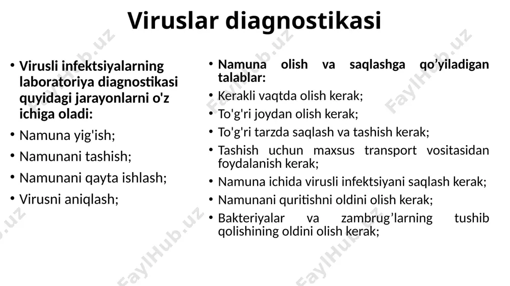 asi virusini 0,5-5 mkg/ml gacha aniqlashi mumkin. bu usul biror modda yoki hujayra (lateks, bentonit, eritrotsit, bakteriya hujayrasi va bosh.) az bilan nishonlanishiga (sensibilizasiya qilinishiga) asoslangan. agar bunday sinsabilizasiya qilingan modda yoki hujayra suspenziyasiga virus zarrachalari qo‘shilsa virus va az reaksiyasi natijasida har xil o‘lchovli agregatlar hosil bo‘ladi. usulning quyidagi turlari mavjud. agglyutinatsiyaga asoslangan usullar латекс усули (лу) виробактериал агглютинация усули (вба) бентонит флокуляциясига асосланган усул (бду) lateks usuli lateks usulini (lu) birinchi bo‘lib berks o‘simlik viruslarini diagnostika qilishda qo‘llagan. bunda az ni polistiroldan tayyorlangan lateks zarralariga aralashtirilib, lateks zarrasi ustiga at molekulalarini immobilizasiyalanadi va lateks zarrasi at bilan nishonlanadi. lateksning 0.81 mkm diametrli zarralari az ning gamma globulin fraksiyasiga qo‘shilsa nishonlangan lateks hosil bo‘ladi va uni diagnostikum deb ataladi. virobakterial agglyutinasiya bu usul biror modda yoki hujayra (lateks, bentonin, eritrotsit, bakteriya hujayrasi va bosh.) az bilan nishonlanishiga (sensibilgizasiya qilinishiga) asoslangan. agar bunday sinsibilizasiya qilingan modda yoki hujayra suspenziyasiga virus …