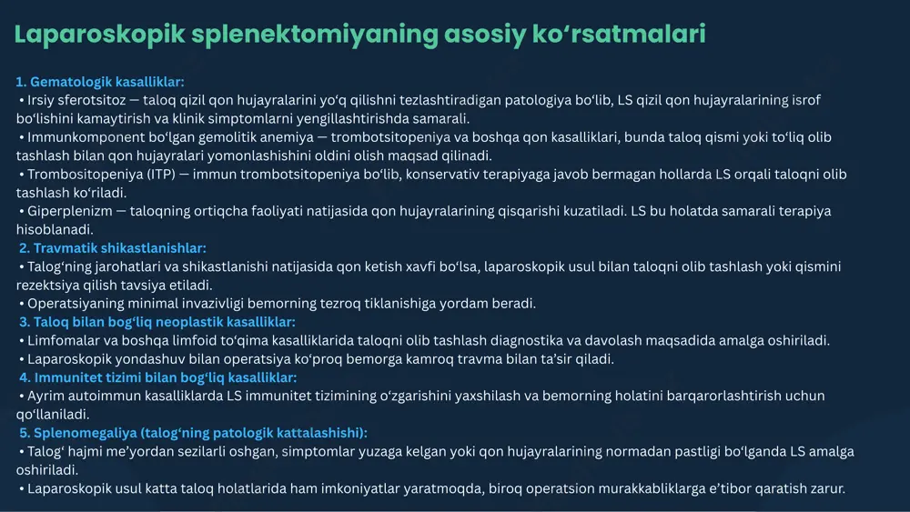 suyuqliklar va elektrolitlar balansini saqlash uchun parenteral yo‘l bilan ta’minlanadi. • og‘iz orqali ovqatlanishni asta-sekin tiklash jarayoni bemorning holatiga qarab boshqariladi, odatda yengil suyuq ovqatdan boshlab asta-sekin oddiy taomlarga o‘tish amalga oshiriladi. a story about wardiere medical laparoskopik splenektomiyadan keyingi parvarish jarrohlik maydonini nazorat qilish • jarohat joyi va trokarlar kiritilgan sohalar muntazam tekshiriladi. • shishish, qizarish, chiqindilar va infektsiya belgilari bo‘yicha kuzatuv olib boriladi. • zarurat tug‘ilganda, antiseptik chora-tadbirlar amalga oshiriladi. infectsiya va sepsis profilaktikasi • splenektomiya natijasida bemorning immun tizimi ba’zan zaiflashishi mumkin, chunki taloq immunitet tizimida muhim rol o‘ynaydi. • antibiotik profilaktikasi amalga oshiriladi, ayniqsa yuqori xavf ostida bo‘lgan bemorlarda. • qandaydir infektsiyalarni oldini olish uchun vaksinalar (masalan, pneumokokk, meningokokk, hemofilus influenzae) qo‘llanilishi lozim. fizik faoliyatni tiklash va reabilitatsiya • birinchi kunlarda bemorning yotish holatida bo‘lishi tavsiya qilinadi, keyinchalik asta-sekin yurish va yengil jismoniy faoliyatga o‘tish boshlanadi. • fizioterapiya va nafas olish mashqlari qon aylanishini yaxshilash va …