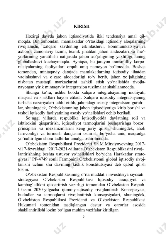 bekiston respublikasi hukumati tomonidan tasdiqlangan dastur va qarorlar asosida shakllantirilishi lozim bo‘lgan muhim vazifalar kiritilgan. 3 “global iqtisodiy rivojlanish” fani bo‘yicha tayyorlangan dars- likda fanning ishchi dasturiga asosan barcha mavzular yoritilgan. darslikda faning mavzulari bo‘yicha oxirgi yangiliklar, fan bo‘yi- cha testlar, glossariylar bayon etilgan. darslikdan talabalar va magistrlar, ilmiy izlanuvchilar va shu fanga qiziquvchilar foydalanishi mumkin. mualliflar darslikning tuzulishi, mazmuni, muammolarni bayon qilinish tartibi va uslubi bo‘yicha bildirilgan xar qanday taklif muloxa- zalarni minnaddorchilik bilan qabul qiladi hamda keyingi ilmiy faoliyat jarayonida hisobga oladi. 3 i bob. “global iqtisodiy rivojlanish” faniga kirish “global iqtisodiy rivojlanish” fanining predmeti, maqsadi, vazifalari mamlakatimizda ishlab chiqilgan bozor iqtisodiyotiga o‘tishning o‘ziga xos yo‘li konsepsiyasiga amal qilib iqtisodiyotda tub institu- tsional va tarkibiy o‘zgarishlar amalga oshirilmoqda, ishlab chiqarishni qayta tashkil etish va davlat tasarrufidagi korxonani xususiylashtirish asosida mulkchilik munosabatlari qayta ko‘rilmoqda, yangi bozor mexanizmlari va bozor infratuzilmasi shakllantirilmoqda. shu bilan birga respublikaning xxi asrga qadam qo‘yishi …
