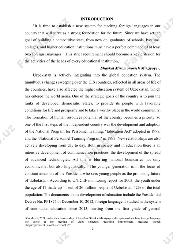 uzbekistan ranked 88th out of 122 countries. the current stage is also the expansion of international cooperation, which is seen as one of the mechanisms of achieving the goals of the national program. the purpose of foreign language instruction is to prepare students to use that language in their future profession. it is important to build a system of teaching at a new quality level by selecting the language material and improving the forms and methods, to achieve through the teaching of a foreign language effective impact on learning, beliefs, behavior, future employment language is a product of a developing society, an indicator of people's culture, reflecting their mentality. the result of this study shows that the english language increases the number of highly qualified specialists and the competitiveness of personnel in the territory of the republic of uzbekistan. the topicality of the work: the topicality of this course lies …