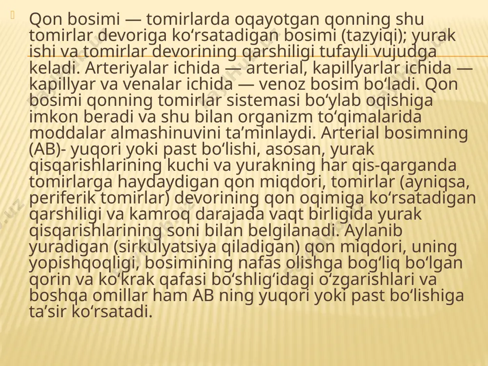 arkaziy qismi bo'lib, muskullardan tashkil topgan kovak organdir. har bir odam yuragining hajmi mushtiga yaqin bo'ladi. jismoniy mehnat va sport bilan shug'ullanuvchi kishilar¬da yurakning muskullari yaxshi rivojlanib, uning hajmi boshqa¬lar yuragining hajmiga nisbatan kattaroq bo'ladi. yurakning massasi erkaklarda 220-300 g gacha, ayollarda esa 180-220 g gacha bo'ladi. yurak ko'krak qafasida to'sh suyagining orqasida, ikkala o'pka¬ning o'rtasida joylashgan bo'lib, uning ko'proq qismi ko'krak bo'swig'ining chap tomonida turadi. u orqa tomonidan qizilo'n¬gach va aorta qon tomirining pastga tushuvchi qismi orqali umurtqa pog'onasidan ajralib turadi. pastki tomonidan esa diafragma orqali qorin bo'shlig'idan ajralib turadi (3-rasm). yurak devori uch qavatdan: ichki - endokard, o'rta - muskul ya'ni miokard va tashqi - perikarddan iborat. tashqi pardasi 3-rasm. yurakning joylashishi va tuzilishi. i- yurakning ko'krak qafasidajoyjashishi; ii- yurakning tashqi ko'rinishi va tojsimon arteriyalari; iii- yurakning ichki tuzilishi. 1- o'ng bo'lmacha; 2- o'ng qorincha; 3- chap bo'lmacha; 4- chap qorincha; 5-6- yuqorigi va pastki kovak venalar; 7- …