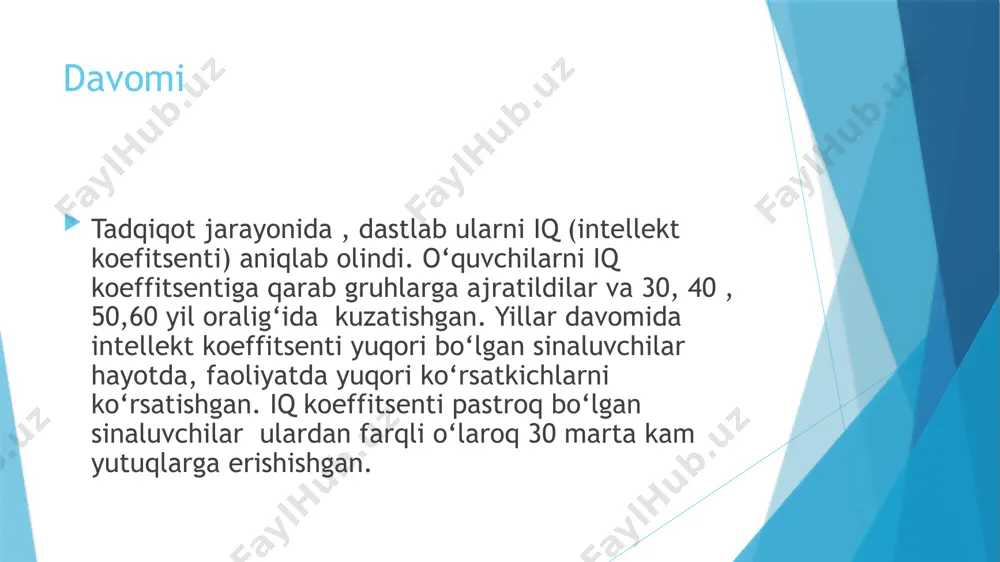 ini tahlili ustida ishlash kerakligini aytib o‘tgan. sababi, bu teslarning natijasi haqiqatdan uzoq bo‘lishini aniqlagan. aim.uz mavzu yuzasidan adabiyotlar ro‘yhati: karimov i.a. «barkamol avlod - o‘zbekiston taraqqiyotining poydevori».t., 1997, 64 b. o‘zbekiston respublikasining “ta’lim to‘g‘risidagi qonuni”, t., 1997. karimov i.a. o‘zbekistonda demoqratik o‘zgarishlarni yanada chuqurlashtirish va fuqarolik jamiyati asoslarini shakllantirishning asosiy yo‘nalishlari.- “turkiston”, 2002 yil 31 avgust g‘oziev e.g. umumiy psixologiya. toshkent. 2002.1-2 kitob. g.yugay, n.mirashirova “obщaya psixologiya” – tashkent 2014g e’tiboringiz uchun rahmat ! aim.uz image1.jpeg image2.jpeg image3.jpeg image4.jpeg image5.jpeg image6.jpg image7.gif /docprops/thumbnail.jpeg