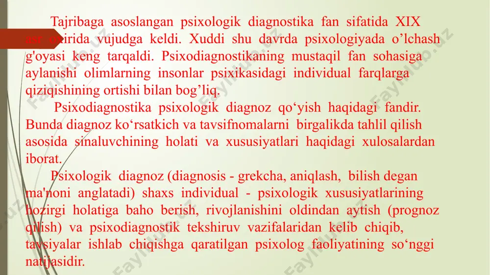 hning yangi statistikaga asoslangan quroli - test ishlatila boshlangan. psixologiyada ilk bor psixometrik yo'nalish asoschisi f.galton testlar yaratgan. dastlabki test aqlni o‘lchash metodi sifatida qo‘llanildi, keyinchalik esa undan shaxsni uning reaktsiyalarini o'rganishda foydalanila boshlandi diagnostika qilinayotgan belgilar tadqiqot vazifalaridan kelib chiqib, turlicha psixologik farqlarni o‘z ichiga oladi: - yosh bo‘yicha. - ma’lymotiga ko‘ra. - madaniy darajasiga ko‘ra. - psixik holatlariga qarab, - genetik, psixofiziologik xususiyatlari bo‘yicha. - psixodiagnostika bir tomondan nazariy fan hisoblansa, boshqa tomondan psixolog amaliy faoliyatining sohalaridan biridir. nazariy fan sifatida psixodiagnostika ishonchli va validligi yuqori bo‘lgan diagnostik fikr va xulosalar chiqarish qonun-qoidalarini ishlab chiqish bilan shug‘ullanadi. - psixodiagnostika amaliy fan sifatida amaliy psixologiyaning psixoprofilaktika, psixologik tashviqot, psixologik korreksiya, psixologik maslahat kabi sohalar bilan o‘zaro munosabatda hisoblanadi. psixodiagnostika inson hayot faoliyatining talablaridan kelib chiquvchi psixologiya fanining sohalaridan biridir. psixodiagnostika ijtimoiy amaliyotning bir qancha sohalarida keng qo‘llanilib kelinmoqda. bular: l.kadrlarni tanlash, ulami joy-joyiga qo‘yish, kasbga yo'naltirish. 2.ijtimoiy xulq-atvomi prognoz …