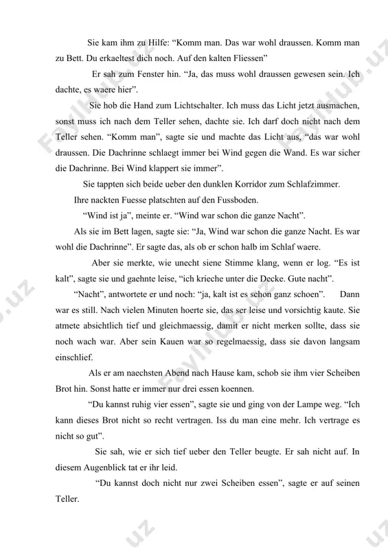 r (иш берувчи) 6. c ein wichtiges nahrungsmittel, das aus mehl, 7. wasser, salz u.a. gebacken wird (муҳим овқатланиш воситаси қайсики, ун, сув, туз ва бошқа нарсалар билан ёпиладиган). brotlos (нонсиз) d getreide, aus dem brot gebacken wird (буғдой қайсики ундан нон ёпиладиган). brotzeit (овқатланиш учун танаффус) e ein kleines rundes oder ovales gebäck (кичкина, думалоқ ва овал шаклидаги пишириқ). brotbüchse (нон идиши) f flaches korb, in dem das brot auf den tisch gestellt wird (ичига нон солиб стол устига қўйиладиган текис сават) brotfabrik (нон фабрикаси) g teig, aus dem brot hergestellt wird (нон тайёрланадиган хамир) brotgetreide (нон буғдойи) h man verdient so wenig geld, dass man davon leben kann (жудаям оз пул ишлаб топадиган ва бунга яшаса бўладиган) brotkorb (нон саватчаси) i preis der für brot bezahlt werden muss (нарх, қайсики нонга тўлаш керак бўлган) 10. brotteig (нон хамири) schneiden von brot j küchenmaschine zum машинкаси) (нонни қирқадиган ошхона …