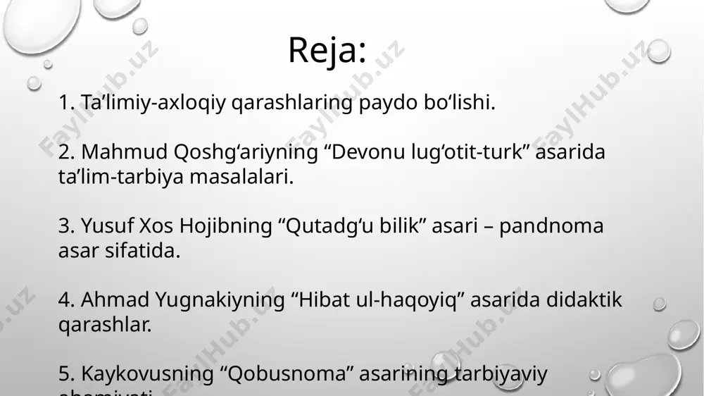 arning bizga qadar bir necha qoʻlyozmalari yetib kelgan boʻlib, xv asrda koʻchirilgan arab va uygʻur yozuvidagi qoʻlyozma nusxalari istanbulda saqlanadi. asar 14 bobni tashkil qilgan boʻlib, u qurʼon va hadis hikmatlarining badiiy sharhi hamda ilm oʻrganishning foydalari, shirinsuxanlik, kamtarlikning foydalari, takobur, xasislik, achchiqzabonlikning zararlari xususida ham fikr yuritilgan. tili achchiq, aqli etuk bo'lurmu? yo'qsa, til zahridan odam o'lurmu? kishini o'chashtirma,.. tilini bil, hq yarasi bitar, bitmas yara dil. bu dunyo avrohich ilon kabidur, boshlab borar joyi jarning labidur. bu dunyo zohirdan arslonday yuvosh, go'zal ko'ringaydir, nur sochar quyosh. qobusnoma — kaykovus (asl ismi unsur al-maoliy) tomonidan xi asrning 82–83-yillarida fors tilida yozilgan asar. sharq va markaziy osiyo xalqlari orasida keng tarqalgan axloqiy-taʼlimiy asar, fors-tojik badiiy nasrining birinchi va yirik yodgorligi. kaykovus (xi asr) to’liq ismi – unsurul maoliy kaykovus. hayoti haqida to’liq ma’lumot yo’q. u g’arbiy eron podshohi shamsul maoniy qobusning nabirasi bo’lgan. asarlari: kaykovus o’g’li gilonshohga atab «qobusnoma» asarini …