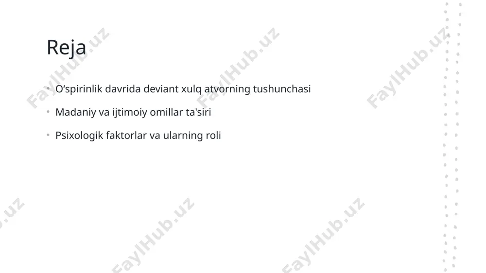vlar o'spirinlar orasida deviant xulq atvorni qo'llab-quvvatlaydigan omil bo'lishi mumkin, bu esa o'zaro ta'sirni kuchaytiradi. oʻspirinlik davrida deviant xulq atvoriga madaniy ta'sirlar. 1 madaniy normativlar - oʻspirinlik davrida madaniy normativlar, yoshlarning xulq-atvorini shakllantiruvchi muhim omillardandir. ular ijtimoiy qabul va kutilmalarni belgilaydi. 2 oila ta'siri - oila muhitining ta'siri o'spirinlarning deviant xulq atvori uchun hal qiluvchi ahamiyatga ega. aholi turmush sharoiti va oilaviy qadriyatlar xulq-atvorni belgilaydi. 3 jamiyat ta'siri - jamiyatda mavjud bo'lgan muloqot va ijtimoiy tarmoqlar o'spirinlarning deviant xulq atvoriga ta'sir qiladi, bu esa qabul qilingan normativlarga muvofiq bo'ladi. 4 madaniyat va qiziqish - oʻspirinlarning madaniy qiziqishlari va urf-odatlari deviant xulq atvorda yangi tendentsiyalarni keltirib chiqarishi mumkin, bu esa ularning shaxsiy rivojlanishiga ta'sir qiladi. ijtimoiy muhit va o'spirinlarning deviant xulq atvori o'rtasidagi bog'lanish. 01 ijtimoiy muhitning ta'siri ijtimoiy muhit o'spirinlarda deviant xulq atvorini shakllantiradi, do'stlar, oilaviy munosabatlar va jamiyat normativlari ta'sirida ko'rsatiladi. 02 oila roli oila o'spirinlarning xulq-atvorini belgilovchi asosiy …