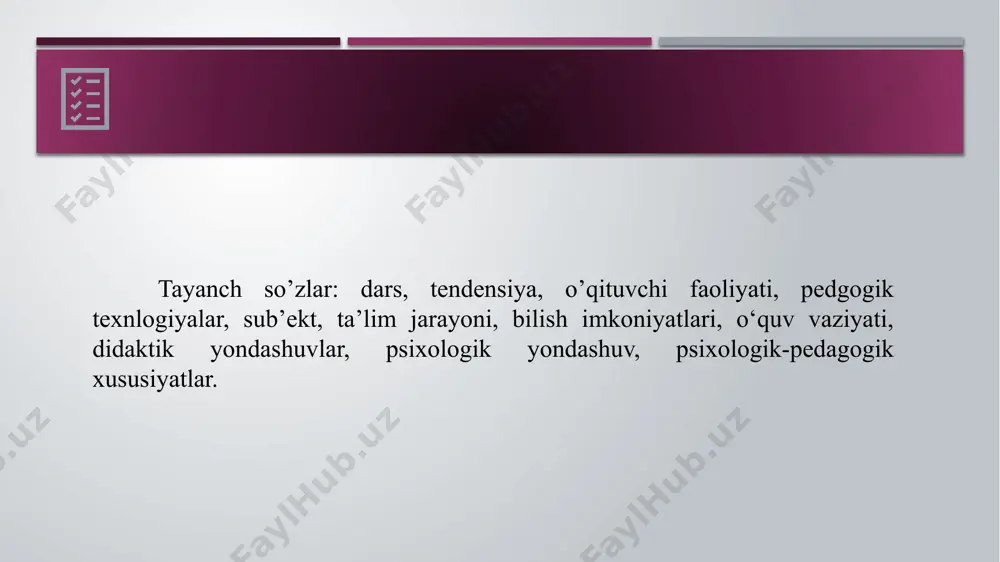 yonida darsni tashkil etishning oldindan belgilab qoʻyilmagan va hamma uchun majburiy boʻlmagan har xil yoʻllarini qoʻllash maqsadga muvofiqdir. olingan bilimlarni amaliyotda qoʻllash hamisha mavzuni mustahkamlashning manbai boʻlib kelgan va bu masalani dars tarkibida alohida koʻrsatishning hojati ham yoʻq. bir necha darsni yangi mavzuning bayoniga bagʻishlash, ayrimlarini lobaratoriya topshiriqlarini bajarishga ajratish ham mumkin. muhimi, oʻtilayotgan mavzu oʻquvchilar tomonidan oʻzlashtirilib, ularda koʻnikma paydo boʻlishi va bu koʻnikmalarni amaliyotda qoʻllab malakaga aylantira bilishlaridir. 9 dars tarkibi masalasi darsni tasniflash, yaʼni tipologiya bilan bogʻliq. pedagogik adabiyotlarda dars mazmunga, didaktik maqsadga, oʻtish yoʻllariga, taʼlim jarayonining xususiyatlari va uning qismlariga koʻra tasnif qilingan. odatda, dars kirish, yangi bilim berish, mustahkamlash, koʻnikma va malakalarni shakllantirish, bilimlarni amaliyotda qoʻllash, nazorat qilish va aralash kabi turlarga boʻlinadi. taʼlim tajribasida bir dars jarayonida bir yoki bir necha dars turlari umumlashtirilgan holda ish olib boriladigan aralash dars koʻp uchraydi. dars oʻquv jarayonining yolgʻiz shakli emas. turli sinflarda fakultativ mashgʻulotlar, seminar, oʻquv …