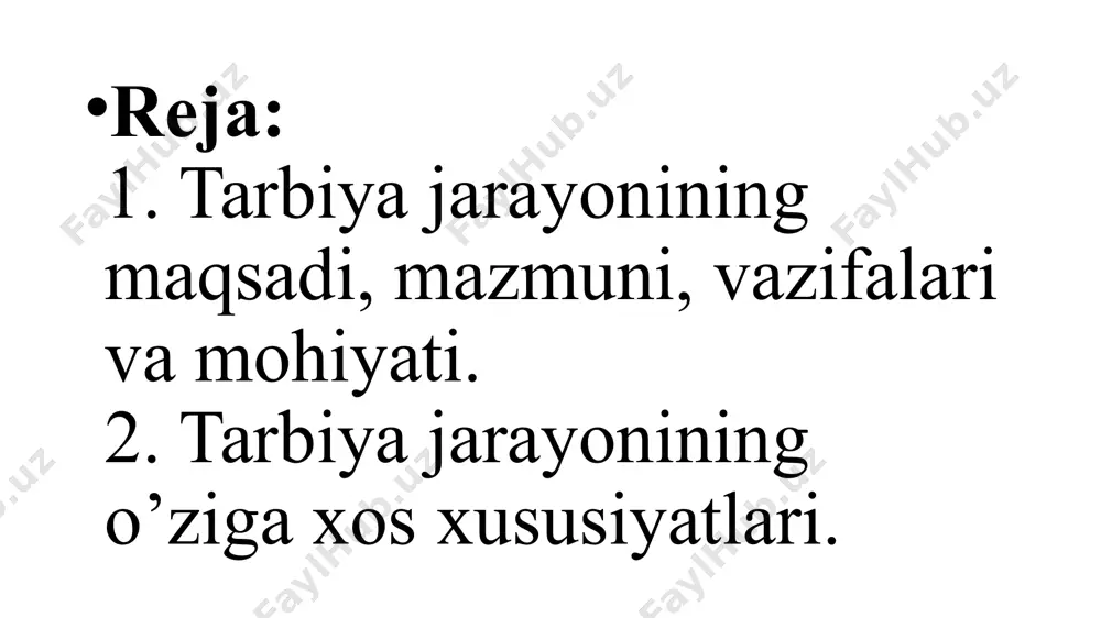aʼlim va maʼlumot olish jarayonida shaxsning fakat bilimi koʻpayibgina qolmay, balki axloqiymaʼnaviy sifatlari qaror topishi ham tezlashadi. tarbiya har qanday jamiyat va har qanday mamlakat hayotida hal qiluvchi ahamiyat kasb etadi. yosh avlodning , umuman, jamiyat aʼzolarining tarbiyasi bilan yetarlicha shugʻullanmagan mamlakat turgʻunlik va inqirozga mahkumdir. negaki, oʻsishi va rivojlanishi uchun har qanday jamiyatda ham moddiy va maʼnaviy boyliklar ishlab chiqarish. toʻxtovsiz ravishda yuksalib borishi lozim. buning uchun yosh avlod moddiy va maʼnaviy boyliklar yetishtirishni ajdodlari darajasida, ulardan ham yaxshiroq ishlab chiqara bilishlari kerak yosh avlodda ana shunday moddiy va maʼnaviy qobiliyatlarni shakllantira bilish uchun esa, jamiyat uzluksiz ravishda samarali faoliyat koʻrsatadigan tarbiyaviy intlar tizimiga ega boʻlishi lozim. tarbiyajamiyat taraqqiyotining turli davrlarida turlicha izoxdab kelingan. shoʻro zamonida hukmron kommunistik mafkura tarbiyaga sinfiy va partiyaviy hodisa sifatida yondashishni talab etgan. shuning uchun ham sinfiy jamiyatda tarbiyafaqat sinfiy xususiyatga ega boʻladi va turli sinflarning tarbiyasi bir-biriga qaramaqarshi turadi degan qarash qaror topgan. …