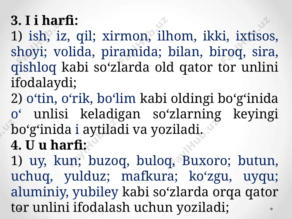 i bo‘g‘indagi unli aytilmaydi va yozilmaydi: o‘rin — o‘rnim, qorin — qorni, burun — burning, o‘g‘il — o‘g‘ling, ko‘ngil — ko‘ngli, yarim — yarmi; qayir — qayril, ulug‘ — ulg‘ay, sariq — sarg‘ay, ikki — ikkov, ikki — ikkala, yetti — yettov kabi; 2) u, bu, shu, o‘sha olmoshlariga -da, -dan, -day, -dagi, -ga, -gacha, -cha qo‘shimchalari qo‘shilganda n tovushi qo‘shib aytiladi va shunday yoziladi: unda, bunday, shunda, o‘shancha kabi; bu olmoshlarga egalik qo‘shimchalari quyidagicha qo‘shiladi; buningiz, o‘shanisi kabi; 3) o, o, u, e unlilari bilan tugaydigan so‘zlarga egalik qo‘shimchalari quyidagicha qo‘shiladi: a) ko‘pchilik so‘zlarga egalik qo‘shimchalari -m, -ng, -si; -miz, -ngiz, -si (yoki -lari) shaklida tovush orttirmay qo‘shiladi: bobom, bobong, bobosi, bobomiz, bobongiz, bobosi (yoki bobolari); orzum, orzung, orzusi; orzumiz, orzungiz, orzusi kabi; b) parvo, obro‘, mavqe, mavzu, avzo so‘zlariga i, ii shaxs egalik qo‘shimchalari qo‘shilganda bir y tovushi qo‘shib aytiladi va shunday yoziladi: parvoyim; parvoyimiz, parvoyingiz; obro‘yim, obro‘ying; …