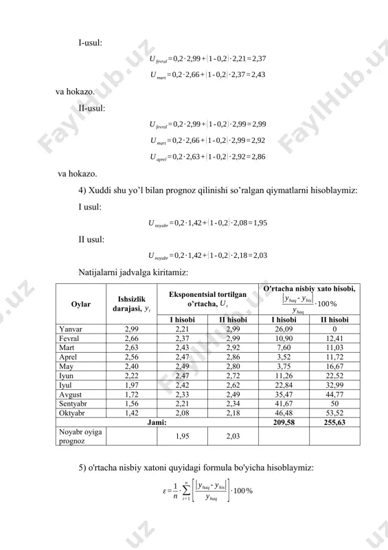 yicha hisoblaymiz: bu erda – o’rganilayotgan hodisaning haqiqiy qiymati, – o’rganilayotgan hodisaning hisoblangan qiymati, - vaqtli qatoridagi darajalar soni; prognozning aniqligini baholash uchun o'rtacha nisbiy xatoliklarning talqin qilinishi quyidagi jadvalda keltirilgan: jadval o'rtacha nisbiy xato qiymatlarini talqin qilish o'rtacha nisbiy xato (), % talqini 50 aniqlik qoniqarsiz i usul: ii usul: ikkala holatda ham prognozning aniqligi qoniqarli, chunki o'rtacha nisbiy xatolik 20-50% gacha bo’lgan oraliqqa tushmoqda. ushbu muammoni sirg’aluvchi o'rtacha va eng kichik kvadratchalar usullari yordamida echib, xulosa chiqaramiz. sirg’aluvchi o’rtacha usuli bo’yicha echish: yanvar fevral mart aprel may iyun iyul avgust sentyabr oktyabr 2,99 2,66 2,63 2,56 2,40 2,22 1,97 1,72 1,56 1,42 sirg’aluvchi o’rtacha usul yordamida prognoz qilinayotgan qiymatni hisoblash uchun quyidagilar kerak: 1. tekislash oralig'ining qiymatini aniqlash, masalan 3 ga teng (). 2. dastlabki uch davr uchun sirg’aluvchi o'rtacha qiymatini hisoblash. hosil bo'lgan qiymat jadvalga kiritiladi. so’ng keyingi uch davr: fevral, mart, aprel oylari uchun ni hisoblaymiz. …