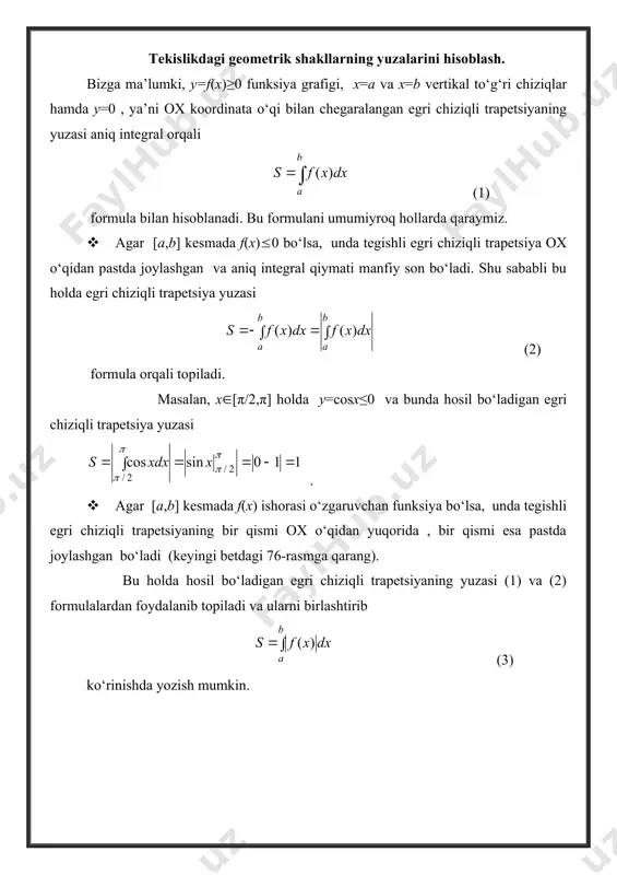 i x=φ(t) , y=ψ(t) ( t[α, β]) parametrik tenglama bilan berilgan chiziqdan hosil qilingan egri chiziqli trapetsiya yuzasini hisoblash masalasini qaraymiz. unda (1) formuladagi aniq integralda x o‘zgaruvchini t o‘zgaruvchi bilan almashtirib, quyidagi formulaga ega bo‘lamiz: . (5) misol sifatida yarim o‘qlari a va b bo‘lgan ellipsning s yuzasini topamiz. bu ellipsning parametrik tenglamasi x=acost, y=bsint (t[0,2π]) ekanligi bizga ma’lum. ellipsning simmetrikligidan hamda (5) formuladan foydalanib, uning yuzasi s uchun formulaga ega bo‘lamiz. bunda a=b=r desak, unda ellips aylanaga o‘tadi va yuqoridagi formuladan doira yuzasi uchun bizga tanish bo‘lgan s=πr2 formula kelib chiqadi. tekislikdagi egri chiziq yoyi uzunligini hisoblash. maktab geometriyasida tekislikdagi egri chiziqlardan faqat aylana va uning yoylari uzunligini hisoblash formulasi beriladi. parabola, giperbola, sinusoida kabi egri chiziqlarning turli yoylari uzunligini hisoblash masalasi amaliyotda kerak bo‘ladi. bu masala ham aniq integral yordamida o‘z yechimini topadi. у=f(x), x[a,b], funksiya bilan berilgan egri chiziqning ab yoyi uzunligini topish masalasini qaraymiz (78-rasmga …