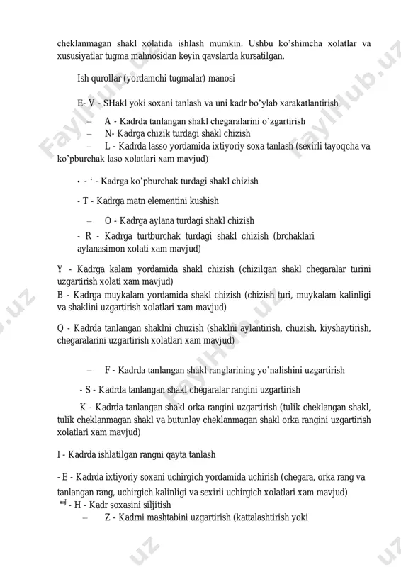 gan shakl va butunlay cheklanmagan shakl orka rangini uzgartirish xolatlari xam mavjud) i - kadrda ishlatilgan rangni qayta tanlash - e - kadrda ixtiyoriy soxani uchirgich yordamida uchirish (chegara, orka rang va tanlangan rang, uchirgich kalinligi va sexirli uchirgich xolatlari xam mavjud) '"' j - h - kadr soxasini siljitish – z - kadrni mashtabini uzgartirish (kattalashtirish yoki kichkinalashtirish xolatlari xam mavjud) s - chiziqlar rangini va orqa rangini o’zgartirish soxalarini tanlaganimizda quyidagi muloqot soxasi xosil qilinadi. u yordamida yoki rang kodi orkali, yoki 256 rangdan tanlab, yoki spektrdan rangni tanlab olishimiz, xamda rang berish yulini tanlashimiz mumkin. rangni boshka yul bilan xam uzgartirish mumkin. buning uchun okno menyusidagi tsvetovoy nabor (ctrl+f9) va tsvetovoy miksher (shift+f9) buyruklarni ishga tushiramiz. oynaning o’ng tomonida kadrni ko’rish masshtabini o’zgartirish soxasi joylashgan. u yordamida to’lik kadrni, to’liq ish sohani, 25%, 50%, 100%, 200%, 400% va 800% ko’rinishiga o’tkazish mumkin. xar bir grafik shakl va …