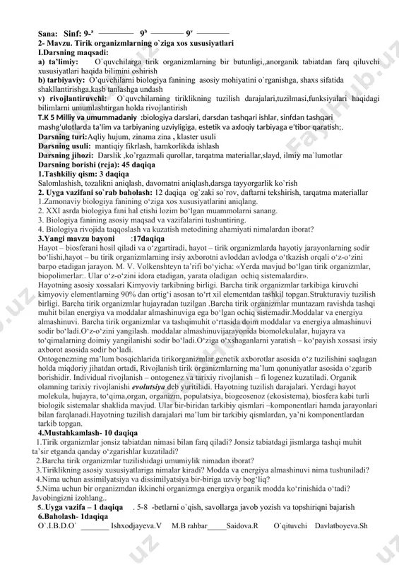 damental va kompleks fan hisoblanadi. fundamental fan sifatida biologiya tibbiyot, psixologiya, agronomiya, oziq-ovqat sanoati, farmokologiya uchun nazariy asos ,kompleks fan sifatida esa ko‘plab tarmoq fanlarni o‘z ichiga oladi.asosiy vazifasi hayot mohiyati,uning tuzilish darajalari umumiy qonuniyatlarini o`rganadi. tekshirish obyektiga ko‘ra biologiya fani bir qancha sohalarga bo‘linadi. biologiya fanining ilmiy tadqiqot metodlari. biologiyada tirik organizmlarning hayotiy xossalarini o‘rganish uchun quyidagi metodlardan foydalaniladi.kuzatish metodi. organizmlar va ularni o‘rab turgan atrof-muhitda ro‘y beradigan hodisalarni kuzatish, tasvirlash va tahlil qilish imkonini beradi. taqqoslash metodi. turli biologik tizimlarning tuzilishi, funksiyasi, tarkibiy qismlardagi o‘xshashlik va farqlar taqqoslash metodi yordamida o‘rganiladi..tarixiy metod. mazkur metod turli sistematik guruhlarning evolutsion jarayonda paydo bo‘lishi, takomillashishini dalillar yordamida tushunish va ularni avvaldan mavjud bo‘lgan dalillar bilan qiyoslash, organizmlarning paydo bo‘lishi va rivojlanishi, ularning tuzilishi va funksiyalarining murakkablashib borish qonuniyatlarini bilib olishga imkon beradi. eksperimental (tajriba) metodi. maxsus tashkil etilgan sharoitda tirikorganizmlar tuzilishi, hayot jarayonlarini o‘rganish eksperimental metod orqali amalga oshiriladi. biologiya fani …