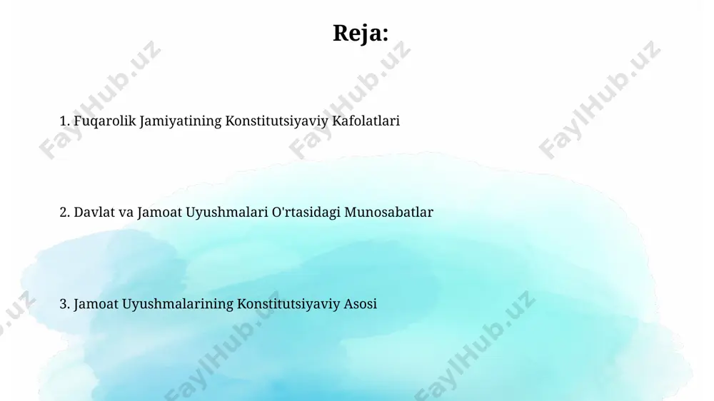 amoat uyushmalariga siyosiy faoliyatda ishtirok etish huquqini kafolatlaydi, ammo bu huquqning amalga oshirilishi qonun bilan tartibga solinadi. jamoat uyushmalarining siyosiy faolligini cheklaydigan 15 dan ortiq qonun hujjatlari mavjud bo'lib, ularning ba'zilari konstitutsiyaga ziddir. jamoat uyushmalarining konstitutsiyaviy asoslari jamoat uyushmalari faoliyatining huquqiy asoslari konstitutsiya, "fuqarolarning oʻzini oʻzi boshqarish organlari toʻgʻrisida"gi va boshqa 5 ta qonun bilan belgilanadi. konstitutsiya, jamoat uyushmalarining faoliyati davlat tomonidan nazorat qilinmasligini, lekin 11-moddada belgilangan chegaralar doirasida amalga oshirilishini kafolatlaydi. jamoat uyushmalarining moliyalashtirilishi нодавлат нотижорат ташкилотларининг фаолиятини молиялаштиришда грантлар ва хомийлик хайрияларининг улуши камида 30% ни ташкил этади. жамоат бирлашмаларининг молиявий ҳисоботларини тақдим этиш муддатлари қонун ҳужжатларида белгилаб қўйилган бўлиб, бу жараёнда ҳисоботларни текшириш ва таҳлил қилиш учун камида 2 ой вақт ажратилади. jamoat uyushmalari va qonun ustuvorligi o‘zbekiston respublikasi konstitutsiyasining 34-moddasi fuqarolarning jamoat uyushmalari tuzish huquqini kafolatlaydi, bu esa jamiyatning siyosiy, iqtisodiy va ijtimoiy hayotini faollashtirishga xizmat qiladi. jamoat uyushmalari, 200 dan ortiq a’zosi bo‘lsa, davlat ro‘yxatidan …