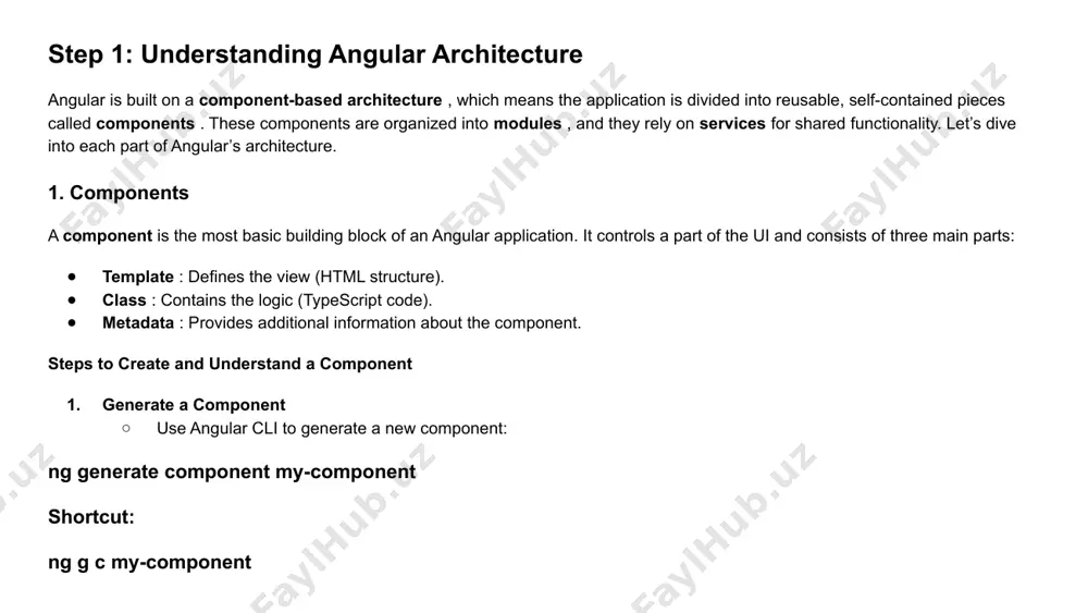 t.component.html. 2. modules a module is a container for organizing related components, directives, pipes, and services. every angular app has at least one module, called the root module (appmodule). steps to understand modules root module (appmodule) open src/app/app.module.ts: import { ngmodule } from '@angular/core'; import { browsermodule } from '@angular/platform-browser'; import { appcomponent } from './app.component'; import { mycomponent } from './my-component/my-component.component'; @ngmodule({ declarations: [ appcomponent, mycomponent // declare all components here ], imports: [ browsermodule // import other modules here ], providers: [], // register services here bootstrap: [appcomponent] // root component to bootstrap }) export class appmodule { } @ngmodule decorator : defines metadata for the module. declarations: list of components, directives, and pipes that belong to this module. imports: other modules required by this module. providers: services available to the entire application. bootstrap: the root component to load when the app starts. feature modules as your app …