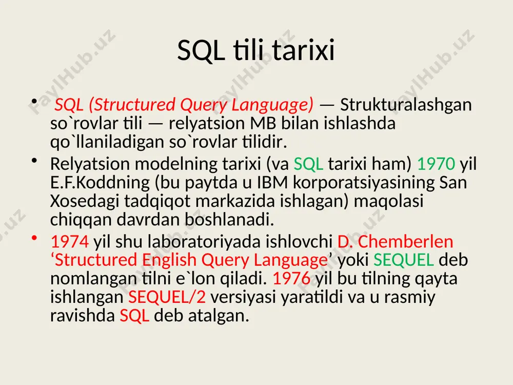 latish imkonini beradigan yangi ma`lumotlar tipi kiritilgan. bu tipning ob`ektga mo`ljallanganlik darajasi yuqori hisoblanadi. sql tilini to`la qonli an`anaviy dasturlash tillari tarkibiga kiritib bo`lmaydi. chunki, unda dastur bajarilishini boshqaruvchi va boshqa ko`pgina an`anaviy operatorlar yo`q. unda faqat mb da saqlanayotgan ma`lumotlarga murojaat qiluvchi operatorlar mavjud. sql tili o`rganish uchun juda oson. sql: bu noprotsedurali til. shuning uchun, unda ma`lumotni qanday olish emas, balki qanday ma`lumot olish kerakligi ko`rsatiladi. buyruqlar ingliz tilining odatdagi so`zlaridan iborat kalit so`zlardan tashkil topgan, masalan, create table (jadval yaratish), insert (kiritish), select (tanlash) axborot texnologiyalari sanoatida sql tili ommaviy tarqalishi jihatidan eng oldingi o`rinlarda turadi. bu noprotsedurali til. shuning uchun, unda ma`lumotni qanday olish emas, balki qanday ma`lumot olish kerakligi ko`rsatiladi. buyruqlar ingliz tilining odatdagi so`zlaridan iborat kalit so`zlardan tashkil topgan, masalan, create table (jadval yaratish), insert (kiritish), select (tanlash) axborot texnologiyalari sanoatida sql tili ommaviy tarqalishi jihatidan eng oldingi o`rinlarda turadi. sql tili sql - …
