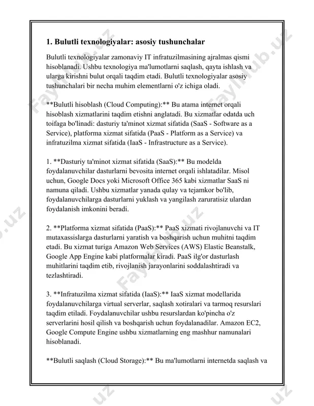 lari bilan kelajakda yana ham rivojlanishni davom ettirishga qodir. 2. bulutli texnologiyalar va taqdimot dasturlari bulutli texnologiyalar (cloud computing) va taqdimot dasturlari hozirgi kunda it sohasida muhim o‘rin tutadi. bulutli texnologiyalar turli xil xizmatlarni internet orqali taqdim etishni nazarda tutadi. ular odatda uch asosiy xizmat modeliga bo‘linadi: iaas (infra-struktura xizmat sifatida), paas (platforma xizmat sifatida) va saas (dasturiy ta'minot xizmat sifatida). iaas (infrastructure as a service) infratuzilma xizmatlarini taqdim etadi. bu xizmat foydalanuvchilarga server, saqlash joyi va tarmoq resurslari kabi infratuzilma imkoniyatlarini taqdim etadi. amazon web services (aws), microsoft azure va google cloud platform (gcp) kabi kompaniyalar iaas yechimlarini taqdim etadi. aws 2006 yilda ishlab chiqarilgan bo‘lib, u bulutli xizmatlar bozorida yetakchi hisoblanadi. 2023 yil ma'lumotlariga ko‘ra, aws bulutli xizmatlar bozorida 32% ulushga ega. paas (platform as a service) - bu bulutli platforma xizmatlaridir. u dastur ishlab chiqish uchun zarur bo‘lgan muhitni taqdim etadi va foydalanuvchilarga dasturlarni ishlab chiqish, sinash …
