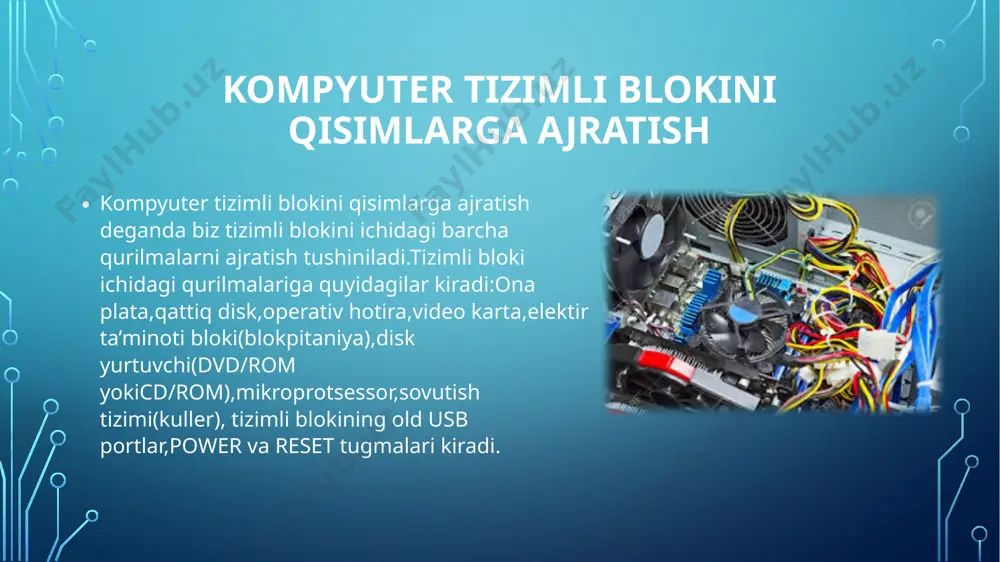 ayverini o’rnatmasak qurilmamiz ishlamasligi ham mumkin.biz ona plataga yangi haritani o’rnatishimizdan maqsad kompyuterimizni ishlashini tezlashtirish uchun o’rnatiladi.bu qurilkmalarga operativ hotira,video karta kiradi.operativ va video kartani iloji boricha hotirasi kattaroq bo’lgan turini olganimiz maqsadga muofiq bo’ladi.operativ va video kartalar asosan 250 mbaytdan boshlanadi va bu hotira hozirgi kunda terra baytgacha ishlab chiqarilmoqda.qo’shimcha qurilmalar ona plataning orqa pci portlariga ulanadi.qo’shimcha qurilmalar asosan usb portlariga ulanadi. biosni ishga tushirish va bios sozlamarini sozlash biosni ishga tushirish va bios sozlamarini sozlash uchun biz kompyuterga windows operatsion tizimini o’rnatayotganimizda bios ni ishga tushiramiz va bios sozlamari amalga oshiriladi.operatsion tizim o’rnatayotganimizda biz f2 klavishi bosiladi va bios sozlamalariga kiriladi va biz boot bo’limiga o’tamiz va u yerdan .operatsion tizim o’rnatish uchun kerakli sozlamalar qilinadi.bundan tashqari bios sozlamari va qurilmalarning ba’zi sozlamalarining sozlamari ham mavjud.biz asosan operatsion tizim o’rnatayotganimizda bios ning boot bo’limidan foydalanamiz.bios da kerakli sozlamalarni bajarib bo’lganimizdan so’ng f10 klavishi bosiladi hosil bo’lgan oynadan yes …