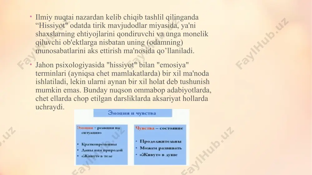 l qilganda va boshqalar da kuzatiladi. eyforiyada bemor begʻam, betashvish, xursand, shu bilan birga kamgap, kam harakat bo'ladi, bir joyda jilmayib yotaveradi. eyforiya ateroskleroz, epilepsiya va boshqalar koʻpgina ruhiy kasalliklarning belgisi tarzida ham namoyon bo'ladi. bundan tashqari eyforiya barometrik bosim taʼsirida yani balandlik kasalligining chala kompensatsiya davrida ham kuzatiladi 2.hissiyotlar nazariyalari. hissiyotlarning hozirgi zamon tarixi 1884 yilda u. djemsning «hissiyot nima?» maqolasining chop etilishidan boshlanadi. u. djeyms va undan mustaqil ravishda g . lange hissiyotlar nazariyasini ishlab chiqdilar, unga asosan, hissiyotlarning paydo bo‘lishi hosil qilinadigan tashqi ta’sirlar, ixtiyoriy harakat va tizimlar sohasidagi o‘zgarishlar bilan bog‘liq. bu o‘zgarishlar bilan bog‘liq bo‘lgan hissiyotlar, emotsional kechinmalarning xuddi o‘zidir. djems bo‘yicha, «yig‘laganimiz sababli qayg‘ulimiz; qaltiraganimiz uchun qo‘rqamiz; kulganimiz uchun xursand bo‘lamiz». bu hissiy xabar miyaga ta’sir ko‘rsatib, ma’lum hulq-atvorni o‘t oldiradi, teskari somatosensor va visserosensor afferentatsiya esa hissiyotni yuzaga keltirishini bildiradi. . lekin djems-lange konsepsiyasi bir qator e’tirozlarga sabab bo‘ldi. organik va emotsional jarayonlarning …