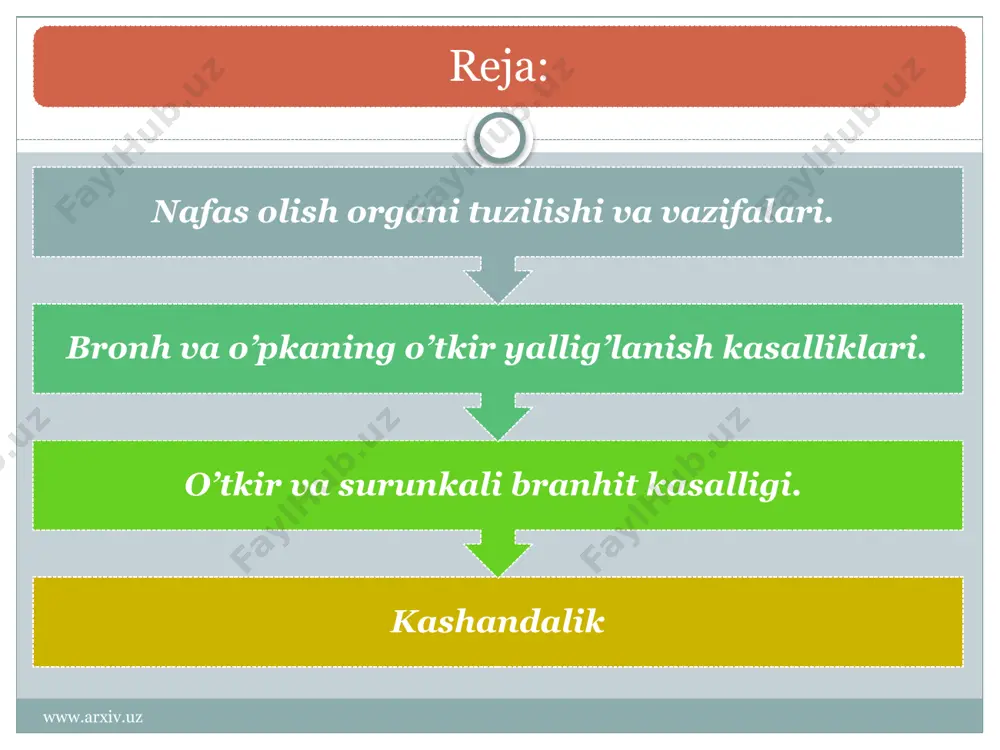 ww.arxiv.uz qizil jigarlanish bosqichida fibrinozli krupoz yallig’-lanishi rivojlanadi. o’pka bo’lagi alveolalari eritrositlar bilan to’ladi, ularga polinuklear leykositlar aralashildi va fibrin ipchalari cho’kadi. o’pka bo’lagi kattalashadi, u qizil va qattiq bo’lib qoladi va jigarni eslatadi. ana shundan «jigarlanish» nomi kelib chiqqan. bu bosqich 5—6 kundan so’ng kulrang jigarlanish bosqichiga o’tadi. alveolalarni to’ldirgan ekssudat asosan leykositlardan va fibrindan tashkil topadi. leykositlar mikroblarni fagositoz qiladi. shikastlangan o’pka bo’lagi hajm jihatidan kattalashadi, qattiqlashadi, kulrang rangga ega bo’ladi. plevrada ham fibrinoz ekssudat qoldiqlarini singdirib yuboruvchi ko’plab miqdorda makrofaglar paydo bo’ladi. plevradagi fibrinozli ekssudat odatda organlanadi va qattiq chandiqqa aylanadi нафас олиш системаси нерв системаси томонидан 2 хил бошқарилади: ўз-ўзидан (эркин) ва эркин эмас. www.arxiv.uz www.arxiv.uz krupoz zotiljamda parenximatoz organlarda distrofik o’zgarishlar, tomirlar giperemiyasi rivojlanadi. krupoz zotiljami asoratlariga shikastlangan bo’lakda abssess, ba'zan o’pka gangrenasi paydo bo’lishi kiradi. bir qator holatlarda fibrinozli ekssudat so’rilmasdan qo’shuvchi to’qimaga o’tishi, uning organlanishi kuzatiladi. bu asorat o’pka karnifikasiyasi deb ataladi. www.arxiv.uz …