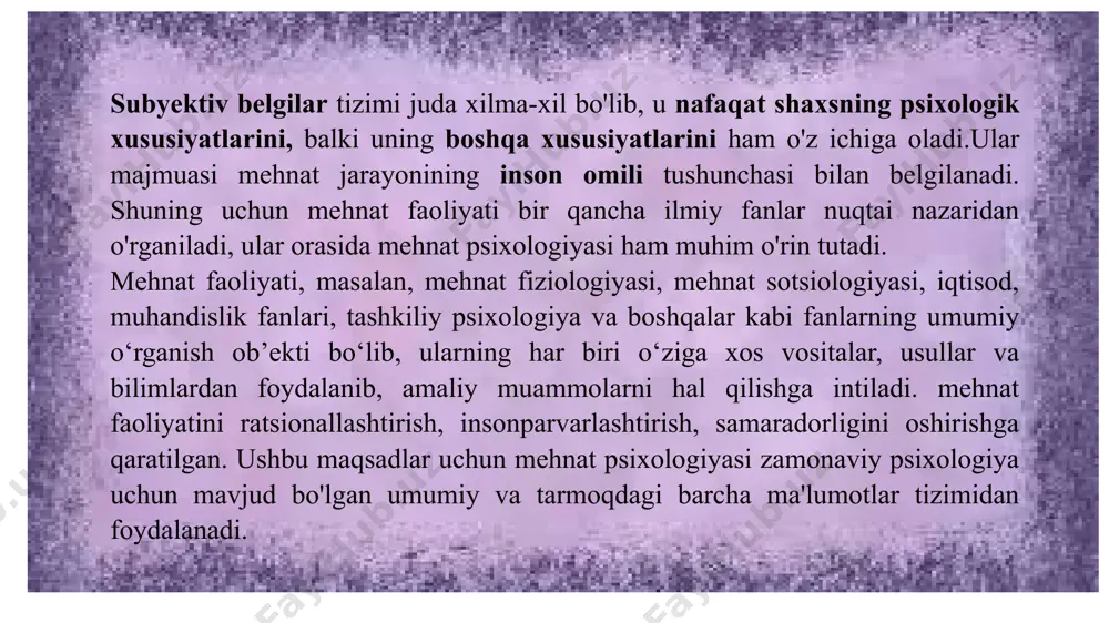 t faoliyatini insonparvarlashtirish va unda shaxsning rivojlanishiga yordam berish amaliy tadqiqotlarda mehnat psixologiyasi oldida turgan asosiy vazifalar mehnatni insonparvarlashtirish va unumdorligini oshirishdan iborat. mehnatni insonparvarlashtirish deganda ortiqcha mehnat, kasbiy kasalliklarning oldini olish, shaxsning ishlab chiqarish shikastlanishi va kasbiy deformatsiyasining oldini olish, mehnat mazmunini oshirish, xodimning har tomonlama rivojlanishi, uning qobiliyatlarini gullab-yashnashi uchun sharoit yaratish tushuniladi. psixologiya mehnatni insonparvarlashtirish muammosini o'z vositalari bilan hal qiladi. shaxs va shaxsiyat xususiyatlaridan optimal foydalanish, mehnatda insoniy holatni optimallashtirish quyidagi amaliy chora-tadbirlar yordamida amalga oshiriladi masalan: 1).kasbiy psixologik tanlov (aniq sharoitlar uchun tizimlarni ishlab chiqish har doim katta yoki kamroq murakkablikdagi ilmiy va amaliy vazifadir); 2) kasbiy tayyorgarlikni (va qayta tayyorlashni) takomillashtirish; 3) ishchilarning psixologik xususiyatlarini hisobga olgan holda ijtimoiy va jismoniy muhitni ratsionalizatsiya qilish. 2. mexnat psixologiyasining paydo bo`lishi va rivojlanishi. mehnat psixologiyasini o'rganish va bu bilimlarni mehnat faoliyatini yaxshilash uchun qo'llash 20-asrning dastlabki yillarida boshlangan. amerikada mehnatni psixologik o'rganish tashabbuskori muhandis frederik teylor …
