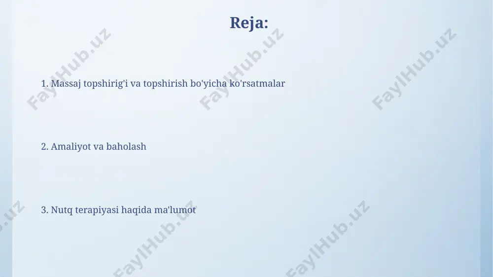 lgan bolalar sonini ko'rsatadi. bemor bilan muloqot bemorning nutqini baholashda, uning so'z boyligi, gap tuzilishi, artikulyatsiya aniqligi va samarqand viloyatining 3 ta turli hududida yashovchi bemorlarning nutqida kuzatilgan farqlar hisobga olinadi. muvaffaqiyatli muloqot uchun bemorga 2-3 marta sodda va tushunarli tilda ko'rsatmalar berish, masalan, nafas olish mashqlarini bajarish bo'yicha, toshkentdagi klinikalar tajribasiga asoslanib tavsiya etiladi. bemorlarni baholash va tanlash bemorlarni tanlashda yosh chegarasi (18-65 yosh) va tokioda o'tkazilgan tadqiqotlar natijalariga ko'ra, 5 balldan kam bo'lmagan kognitiv funksiya darajasiga ega bo'lishi kerak. samarqand viloyatidan kelgan bemorlarning 30%ida mushaklarning kuchsizligi kuzatilgan, shuning uchun diagnostika jarayonida mushaklarning tonusini baholash muhim. hujjatlarni to'ldirish fizioterapevtik muolajalar va massajning turi (masalan, 10 ta seans klassik massaj) haqidagi ma'lumotlarni aniq ko'rsatish uchun maxsus 4-jadvaldan foydalaning, uni navoiy viloyati shifoxonasidan olingan namunaga qarab to'ldiring. 3-sonli shaklda 1-ilovaga ko'ra, toshkent shahridagi 5-sonli poliklinikada bemorning massaj va manipulyatsiyalar bo'yicha ma'lumotlarini to'liq va aniq yozib olish kerak. qo'shimcha resurslar samarqanddagi milliy …
