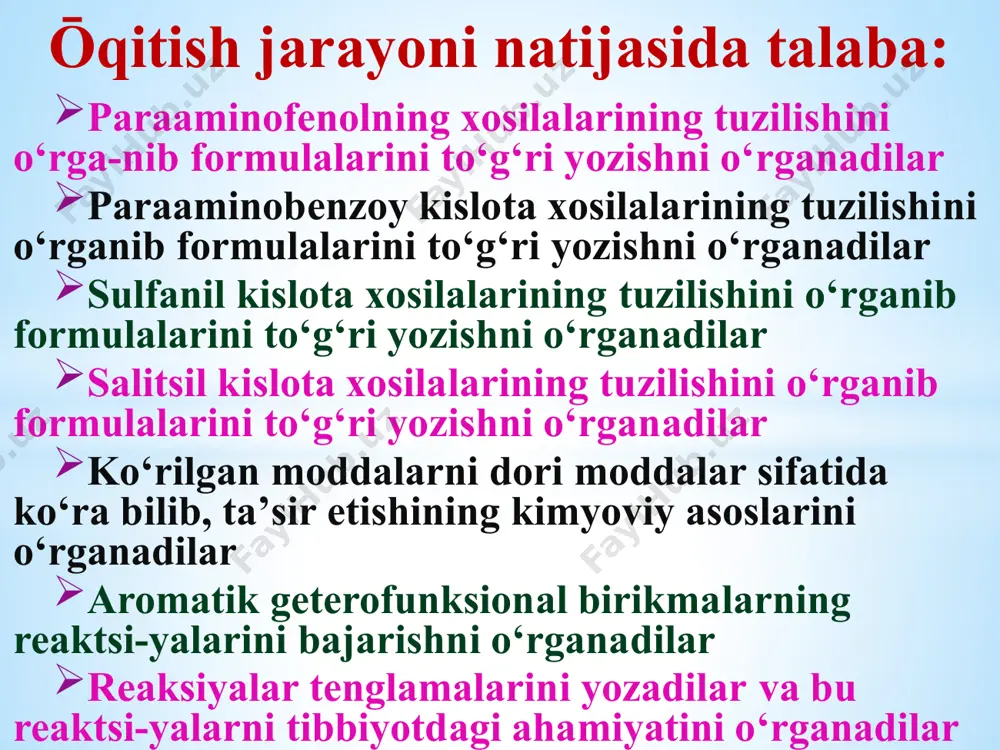 kulyar degidratlanishi atsetosirka kislotaning dekarboksil-lanishi α-alaninni molekulalararo degidratlanishi tajriba 1. atsetilsalitsil kislotaning gidrolizi. maqsad: atsetilsalitsil kislotani gidrolizi natijasida fenol guruxi xosil bо‘lishini isbotlash. № tadbir baja- ril- madi tо‘liq va tо‘g‘ri bajarildi 1. probirka olinadi 0 1,0 2. probirkaga ozgina aspirin kristallaridan solinadi 0 2,0 3. aspirin ustiga 5-6 tomchi suv qо‘shiladi 0 2,0 4. aralashmaga 3-4 tomchi fecl3 eritmasidan qо‘shiladi 0 2,0 5. kuzatilgan natija, reaksiyalar va xulosalar daftarga yoziladi 0 3,0 jami: 0 7,0 tajriba 2. aspiringa sifat reaksiyasi maqsad: atsetilsalitsil kislotani tarkibida fenol guruxi yо‘qligini isbotlash. № tadbir baja- ril- madi tо‘liq va tо‘g‘ri bajarildi 1 quruq probirka olinadi 0 1,0 2 probirkaga ozgina maydalangan aspirin bо‘lakchalaridan solinadi 0 2,0 3 probirkaga 3-4 tomchi fecl3 eritmasidan solinadi 0 3,0 4 kuzatilgan natija va xulosalar daftarga yoziladi 0 4,0 jami: 0 10,0 tо‘yingan uv ni nukleofil о‘rin olish reaksiyalarini mexanizmini о‘rganish 3-tajriba. etil spirtidan etilxlorid olish № tadbir …