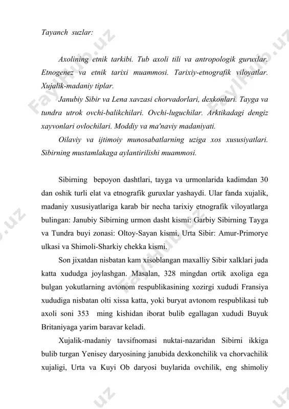 an bglik maxsus ovchilik va buguchilik tipi dikkatga sazovor. shuni aloxida kayd kilish lozimki, sibir kadimdan ruslarni uziga jalb kilib kelgan. bu yerga xu1 asrdan boshlab yangi yerlarni ochuvchi ruslar tomonidan yul ochib berilgan edi. bir asr utmasdan sibirga kelgan ruslarning soni 150 mingdan oshib ketgan va maxalliy tub axoli soniga yakinlashgan. xozirgi davrda sibirda yashovchi 25 millionli axolining deyarli 90 foizi yoki tukiz kismi ruslar, ukrainlar va beloruslar. lingvistik jixatdan sibri xalklari bir necha til oilasi va turkumlariga eag. birinchi urinda eng kup sonli oltoy til oilasiga kiradigan elat va xalklar turadi. ularni uch turkumga bulish mumkin: turkiy, mugul va tungus-manjur tillari. eng katta turkiy til turkumiga oltoy-sayan xalklari (oltoyliklar, tuvaliklar, xakaslar, shurlar, chulimlar, tufalar yoki koragaslar), garbiy sibir tatarlari (barabin, ishim va tobolliklar), shimoliy sibirdagi yokutlar va dulganlar kiradi. mugul til turkumiga fakat buryatlar kiradi. tungus-manjur tillarida evenklar va ularga yakinlar ulchilar, uruchi va udegeylar, saxalindagi urukilar gapiradi. …