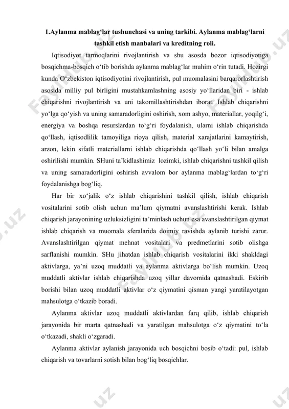 metlarini sotib olishga sarflanishi mumkin. shu jihatdan ishlab chiqarish vositalarini ikki shakldagi aktivlarga, ya’ni uzoq muddatli va aylanma aktivlarga bo‘lish mumkin. uzoq muddatli aktivlar ishlab chiqarishda uzoq yillar davomida qatnashadi. eskirib borishi bilan uzoq muddatli aktivlar o‘z qiymatini qisman yangi yaratilayotgan mahsulotga o‘tkazib boradi. aylanma aktivlar uzoq muddatli aktivlardan farq qilib, ishlab chiqarish jarayonida bir marta qatnashadi va yaratilgan mahsulotga o‘z qiymatini to‘la o‘tkazadi, shakli o‘zgaradi. aylanma aktivlar aylanish jarayonida uch bosqichni bosib o‘tadi: pul, ishlab chiqarish va tovarlarni sotish bilan bog‘liq bosqichlar. aylanishning birinchi bosqichida ishlab chiqarish vositalari sotib olinadi (p-t(i/v)). korxonalarning ajratilgan pul fondlari ishlab chiqarishning ashyoviy omiliga aylanadi. birinchi bosqichning xususiyati shundaki, bu bosqichda ba’zi korxonalar o‘z mablag‘lari etarli bo‘lmagan hollarda qarzga bank kreditini oborotga jalb qilishlari mumkin. aylanma aktivlar aylanishning ikkinchi bosqichi - ishlab chiqarish bosqichi (t-i/ch-t() bo‘lib, bunda ishlab chiqarish omillari (ish kuchi va ishlab chiqarish vositalari) qo‘shilishi yuzaga keladi va bu jarayon aylanma aktivlarilari …