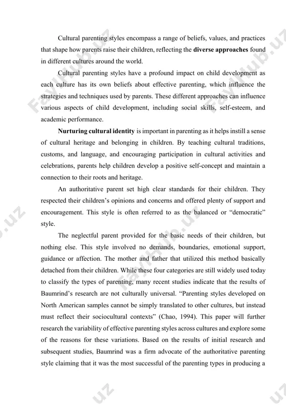 successful of the parenting types in producing a positive child outcome (baumrind, 1971). authoritarian parenting tended to raise children who performed well academically and had a low involvement in problem behavior. however, they also had “poorer social skills, lower self-esteem, and higher levels of depression” (darling, 1999). in contrast, while permissive parenting tended to raise children who had higher levels of self-esteem and were better socialized, they didn’t perform well in school and exhibited more problem behavior (baumrind, 1991). children raised by neglectful parents had the most negative results, with poor academic performance, low self-esteem, and high involvement in problem behavior (baumrind, 1991). for years these results were extrapolated and generalized to describe all families and, although her work continues to be influential (berger, 2011), many recent studies have found baumrind’s conclusions regarding the success and failure rate of each of the parenting styles to be inaccurate when applied to …