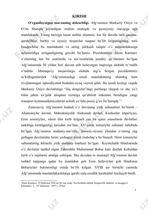 tidan ustalik bilan foydalandi. shuni qayd etish lozimki, abdurahmon-xon davrida afg’onistonda parlament va konstitutsiya ishlab chiqishga ilk harakatlar bo’lgan. omonulla-xon, nodir-shoh va zohir-shoh hukmronliklari davrida afg’on jamiyatini zamonaviylashtirish borasidagi islohotlar qaysidir ma’noda o’z natijasini bergan bo’lsada, afg’on jamiyati, ayniqsa omonulla-xonning radikal islohotlariga hali tayyor emasdi. shu sababli ham diniy ruhoniylar yordamiga suyangan bachai sakao hokimiyatni o’z qo’liga oldi. afg’onistonda omonulla-xon, nodir-shoh va uning o’g’li zohir-shoh davri monarxik davr deb e’tirof etiladi. omonulla-xon davrida boshlangan islohotlar, keyinchalik zohir-shohning liberal va demokratik islohotlarida ham o’z ifodasini topdi. ko’pgina g’arb tadqiqotchilarining fikricha aynan muhammad zohir-shoh hukmronligi davrida afg’oniston o’zining eng osuda davrini boshdan kechirgan. shu o’rinda ta’kidlash kerakki, tinchlik va barqarorlik yo’lida prezidentimiz islom karimovning olib borayotgan ishlarini e’tirof etib quyidagi fikr va mulohazalariga to’xtalib o’tishni lozim topdim: “kelgusi avlod vakillari urush olovini yoqishga undagan sabab va bahonalar uchun zamondoshlarimizni kechirmasalar kerak.”1 zohir-shoh davrida tinchlik hukmron bo’lsada, aynan uning hukmronligi vaqtida mayda millatlar …