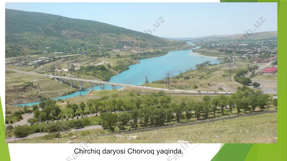iq daryosi daryosidan suv oladi. daryodan gidroenergetikada ham keng foydalaniladi. qodiriya, tovoqsoy, oqqovoq, oqtepa, salor va uchta quyi boʻzsuv, chorvoq (quvvati 600 ming kvtsoat, gʻazalkent) geslar kaskadi shular jumlasidandir. chirchiq daryosi suvi, asosan, toshkent viloyati hududidagi ekin maydonlarini sugʻorishga sarflanadi (chirchiq daryosi — boʻzsuv sistemasi oʻzbekiston hududida 100 ming gektardan ziyod yerni sugʻoradi), shuningdek, toshkent, chirchiq, yangiyoʻl, gʻazalkent shaharlarini va koʻp qishloqlarni suv bilan taʼminlaydi. chirchiq daryosi oʻrta oqimida uning oʻng sohilidagi terrasalarda toshkent shahri joylashgan. ohangaron — toshkent va namangan viloyatlaridan oqib oʻtuvchi daryo. soʻzlashuvda angren va kultushkon kabi nomlari ham qoʻllanadi. ohangaron chirchiq bilan birgalikda toshkent viloyatining asosiy daryolari hisoblanadi. chatqol va qurama togʻ tizmalaridan oqib tushuvchi oqtoshsoy va o'rtaliqsoy soylarining qoʻshilishidan hosil boʻladi. uzunligi 236 km (oqtoshsoyning boshlanish yeridan)[1], havzasining maydoni 7710 km². manbai — 2710 m balandlikka ega boʻlsa, mansabi — 260 m dir. 2020-yilda 26,5 mvt quvvatga ega qamchiq mini gesi ishga tushirilgan ohangaron daryosi …