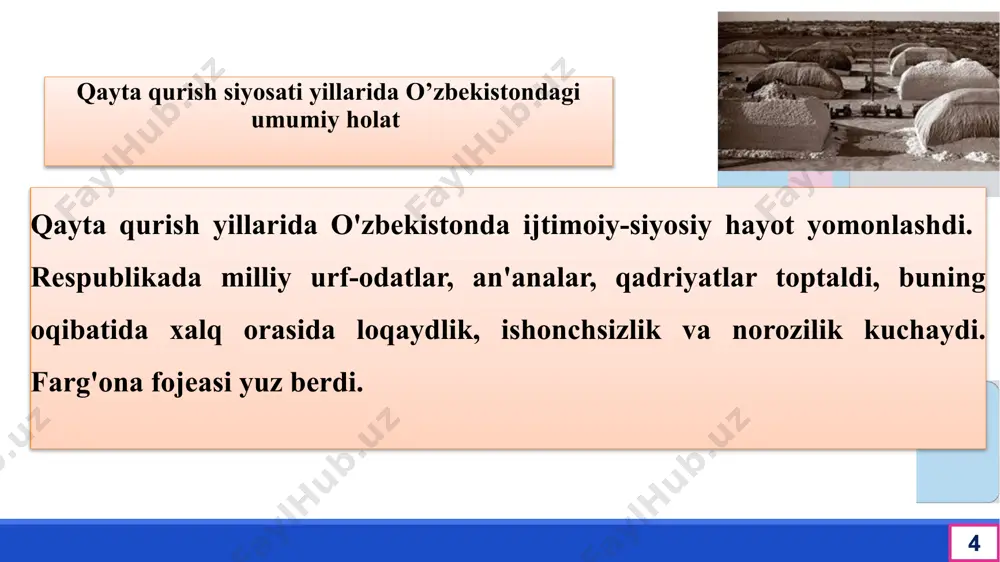 ekiston sovet sosialistik respublikasi oliy soveti: o'zbek xalqining davlat qurilishidagi tarixiy tajribasi va tarkib topgan boy an'analari, - har bir millatning o'z taqdirini o'zi belgilash huquqini ta'minlashdan iborat oliy -maqsad haqi, - har bir kishining farovon hayot kechirishini ta'minlashni oliy maqsad deb bilgan holda, o'zbekiston xalqlarining kelajagi uchun tarixiy mas'uliyatni chuqur his etgan holda, - xalqaro huquq qoidalariga, umumbashariy qadriyatlarga va demokratiya printsiplariga asoslanib,o'zbekiston sovet sosialistik respublikasining davlat mustaqilligini e'lon qiladi". foydanildan adabiyotlar: 1.муртазаева р.х. ва boshqalar. o'zbekiston tarixi. o'quv qo'llanma. . -t.:akademiya 2010. 2.oblomurodov n., va boshqalar. o'zbekiston tarixi. o'quv qo'llanma. -t.: yangi asr avlodi, 2011. 3.o'zbekiston respublikasi prezidenti sh. mirziyoevning 2018 yil 5 iyundagi "oliy ta'lim muassasalarida ta'lim sifatini oshirish va ularning mamlakatda amalga oshirilayotgan keng qamrovli islohotlarda faol ishtirokini ta'minlash bo'yicha qo'shimcha chora-tadbirlari to'g'risida" pq-3775-sonli qarori. 4.mirziyoev sh.m. qonun ustuvorligi va inson manfaatlarini ta'minlash yurt taraqqiyoti va xalq farovonligining garovi. -toshkent: o'zbekiston, 2017. 5. mirziyoev sh.m. milliy …