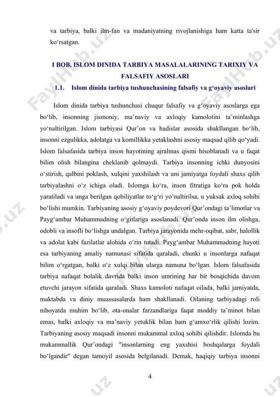 i. islomga ko‘ra, har bir inson alloh tomonidan berilgan tabiiy qobiliyatlar bilan dunyoga keladi. ushbu qobiliyatlarni to‘g‘ri yo‘naltirish esa tarbiyaning vazifasidir. islom falsafasi inson hayotining asosiy maqsadi sifatida allohga itoat qilish va unga yaqinlashishni belgilaydi. shu bois tarbiya faqat dunyoviy muvaffaqiyatga erishish emas, balki ruhiy va ma’naviy poklanish, oxiratga tayyorgarlik ko‘rish bilan ham bog‘liqdir. g‘oyaviy jihatdan islom tarbiyasi qur’on va hadislar asosida shakllangan bo‘lib, unda ilm olishga katta urg‘u beriladi. qur’onda birinchi tushgan oyat "o‘qi!" degan so‘z bilan boshlangani ham bunga dalildir. islom ilm-fan va tafakkurni rivojlantirishni rag‘batlantiradi, shu bilan birga, faqat bilim olish yetarli emasligi, unga amal qilish ham muhim ekani ta’kidlanadi. shuning uchun haqiqiy tarbiya insonning bilimini oshirish, uning axloqini shakllantirish va jamiyatga foydali bo‘lishga yo‘naltirilishi kerak. islomiy tarbiya insonning har bir bosqichini qamrab oladi. bolalik davridan boshlab, unga to‘g‘ri yo‘l ko‘rsatish, odob-axloq qoidalarini o‘rgatish va yaxshi xulqni shakllantirish ota-onaning vazifasi hisoblanadi. oilada berilgan tarbiya kelajakda shaxsning butun …
