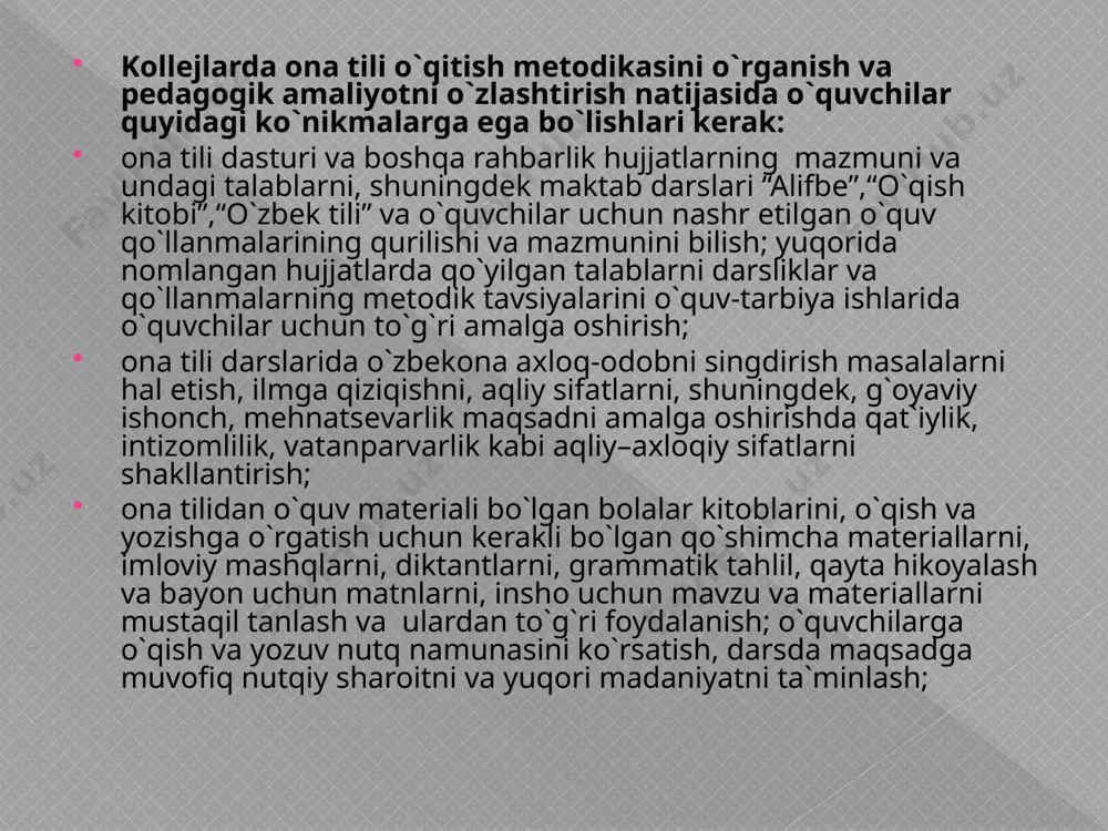 1.grammatik mashg’ulotlarni o’tkazish usullari. 2.analiz-sintez usuli 3.induktsiya va deduktsiya 1.o’qituvchining bayoni. 2.grammatika o’qitish davrida o’qituvchi bilan o’quvchining birga ishlashini tashkil etish usullari asosan qo’yidagilar. 1.o’qituvchining bayoni usulida o’qituvchi zarur grammatik ma’lumotlarni ma’lum vositalar yordamida bayon etadi,tushuntiradi.o’quvchilar o’qituvchi fikrlarini kuzatib,tinglab boradilar. o’qituvchi grammatik materialni hamma zarur,elementlarini, belgilarini aniq va izchil ochib borishi zarur. o’quvchilarning grammatik material haqida bilganlarini aniqlab olish va o’quvchilarni kuzatishga xulosalar chiqarishga o’rgatish ularning faolligini oshiradi. o’qituvchining bayoni 3-5 daqiqadan oshmasligi kerak,chunki boshlang’ich sinf o’quvchilari grammatika bo’yicha uzoq vaqt davom etgan nutqni-ma’ro’zani eslab qola olmaydilar. 2. so’hbat usuli. bu usul savol-javob yoki evristik (evrika –grekcha topdim) usul deb yuritiladi. bunda o’qituvchi turli tarzda o’quvchilarga savol bilan murojaat qiladi,o’quvchilar o’z kuzatishlari asosida darslik ustida ishlab, fikr mulohaza muhokama yuritib savolga javob topadilar va xulosa chiqaradilar, shu yo’l bilan yangi bilim oladailar. bu usul o’quvchilarning faolligini oshiradi.mustaqil ijodiy fikrlashga o’rgatadi,o’ylashga majbur qiladi. hozirda bu usul muammoli ta’lim usuli sifatida keng …