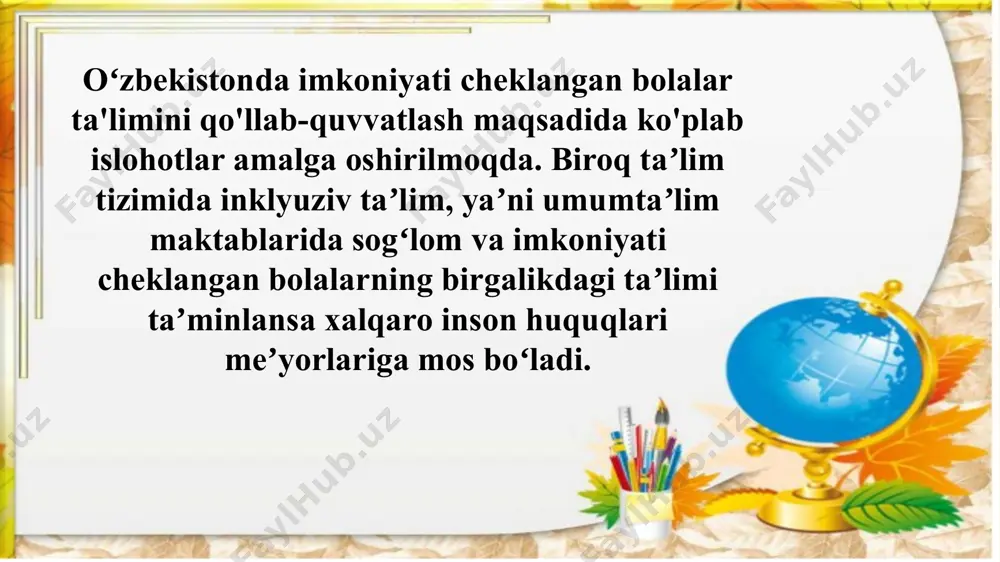 ik jihatdan ta’minlashni o‘z ichiga oladi. hozirgi kunda turli xil maxsus ta’lim muassasalari mavjud. bolalar puxta saralash natijasida qabul qilinishi mo‘ljalangan va o‘zbekiston respublikasi xalq ta’lim vazirligi tomonidan tasdiqlangan maxsus ta’lim dasturlarini amalga oshiradigan maxsus ta’lim muassasalar bilan bir qatorda turli reabilitatsiya markazlari, rivojlantirish markazlari, aralash guruhlar va h.q.lar ochilgan. shuningdek, umuta’lim maktabgacha ta’lim muassasalarida, umumta’lim maktablarda psixik va jismoniy rivojlanishida nuqsoni bo‘lgan bolalarni uchratish mumkin. ushbu nuqsonlarning ko‘rinishi turlicha bo‘lishi mumkin. son jihatdan yirik bo‘lgan guruhni harakatlanish, sensor yoki intellektual sohalarda nuqsonlari aniq ifodalanmagan: eshitishda ko‘rishida, fazoviy-idroq tassavurlarida, harakat-tayanch apparatida, fonematik idrokida nuqsoni bo‘lgan, hissiy-irodaviy buzilishli, nutqiy rivojlanishida kamchiliklarga ega, xulq buzilishlariga ega, psixik rivojlanishi orqada qolgan, somatik sust bolalar tashkil etadi. yaqqol ifodalangan psixik yoki jismoniy rivojlanishdagi nuqsonlar maktabgacha yoshda aniqlansa, yengil nuqsonlar uzoq vaqt mobaynida e’tiborsiz qoladi. rivojlanishdagi nuqsonlarni tashxis qilish uch bosqichni o‘z ichiga oladi. birinchi bosqich - skrining nomini olgan. ushbu bosqichda bola rivojlanishidagi orqada …