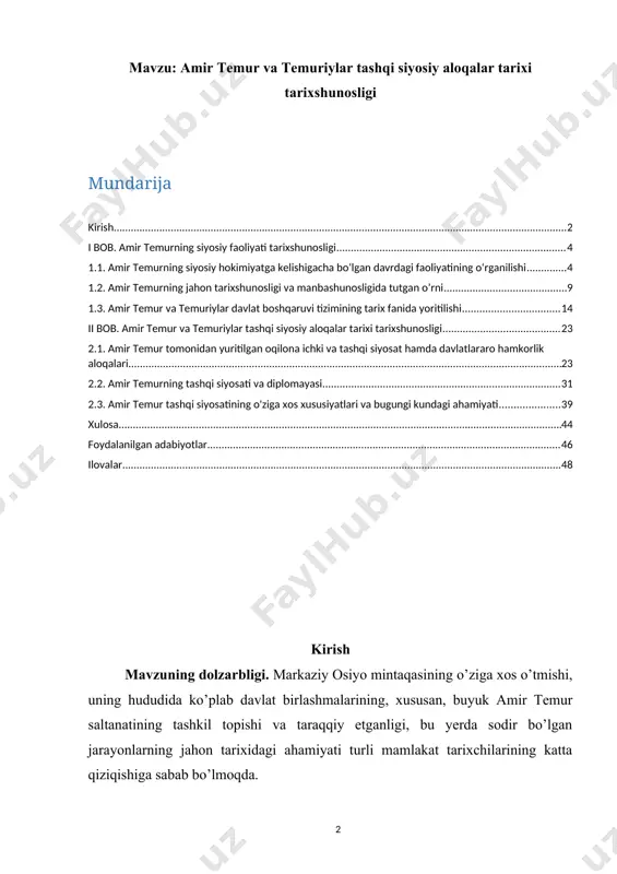 lash jarayonida zamonaviy yondashuvni talab qiladigan dolzarb muammolar mavjud bo’lib, ular qatoriga, davlatchiligimiz tarixida chuqur iz qoldirgan tarixiy shaxslarning hayoti va faoliyatini tadqiq etish muhim ahamiyatga egadir. shunday shaxslardan biri sohibqiron amir temur bo’lib, “tengsiz azmu shijoat, mardlik va donishmandlik ramzi bo’lgan bu mumtoz siymo buyuk saltanat barpo etib, davlatchilik borasida o’zidan ham amaliy, ham nazariy meros qoldirdi, ilmu fan, madaniyat bunyodkorlik, din va ma’naviyat rivojiga keng yo’l ochdi”3. barcha zamonlarda mamlakatlararo siyosiy, iqtisodiy va boshqa sohalar bo‘yicha o‘zaro aloqalarning shakllanishi va rivojlanishida elchilik munosabatlari muhim ahamiyat kasb etgan. hozirgi globallashuv, davlatlararo siyosiy va iqtisodiy jarayonlarning keskinlashuvi sharoitida ham mamlakatlarning o‘zaro hamkorlik va do‘stona munosabatlarini ta’minlashning eng umume’tirof etilgan dastaklaridan biri o‘zaro diplomatik aloqalarni rivojlantirish hisoblanadi. elchilik aloqalarini rivojlantirishda mamlakatlararo munosabatlarning tarixan shakllanishi muhim ahamiyat kasb etadi. bundan tashqari, o‘tgan zamonlarda mavjud bo‘lgan davlatlar, qirollik va amirliklarning muvaffaqqiyatli diplomatik munosabatlari, elchilarning tayinlanish, yuborilish va kutib olish tartiblari, ularning diplomatik faoliyati …